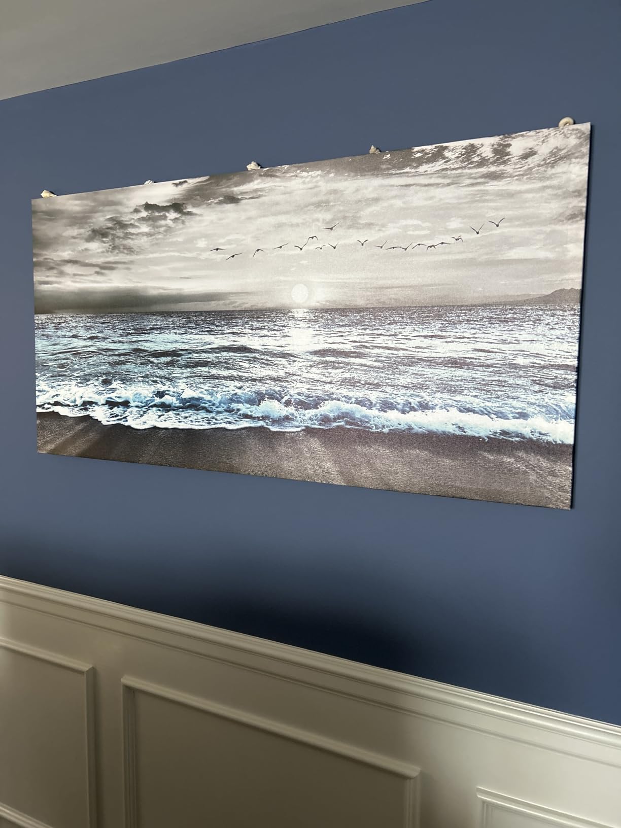 Wapluam Large Canvas Wall Art For Living Room and Bedroom Decor - Black and White Blue Sea Wave Pictures - Framed Beach Posters customer photo 1