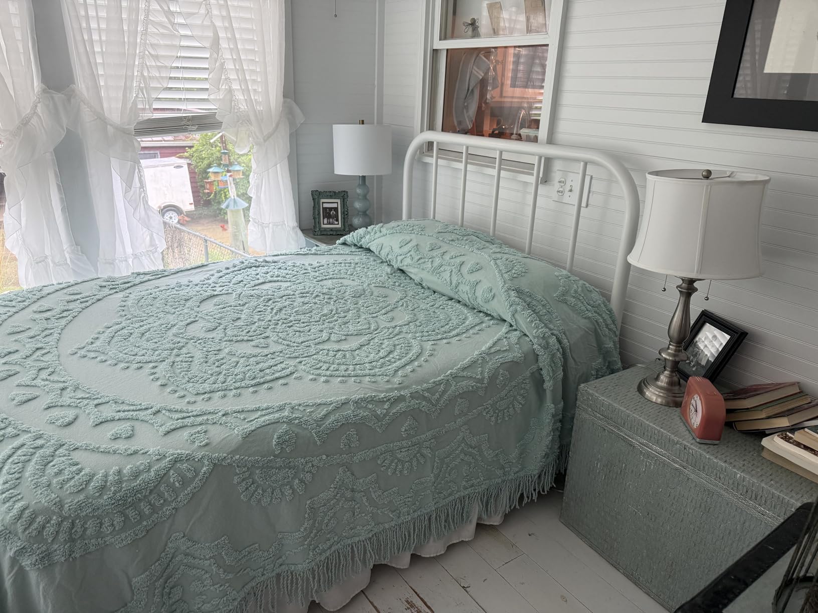 Lotus Medallion Full Chenille Bedspread, 100% Cotton, Blue | Timeless lightweight soft, cozy plush bedspread with fringe features a large centered lotus flower design customer photo 1