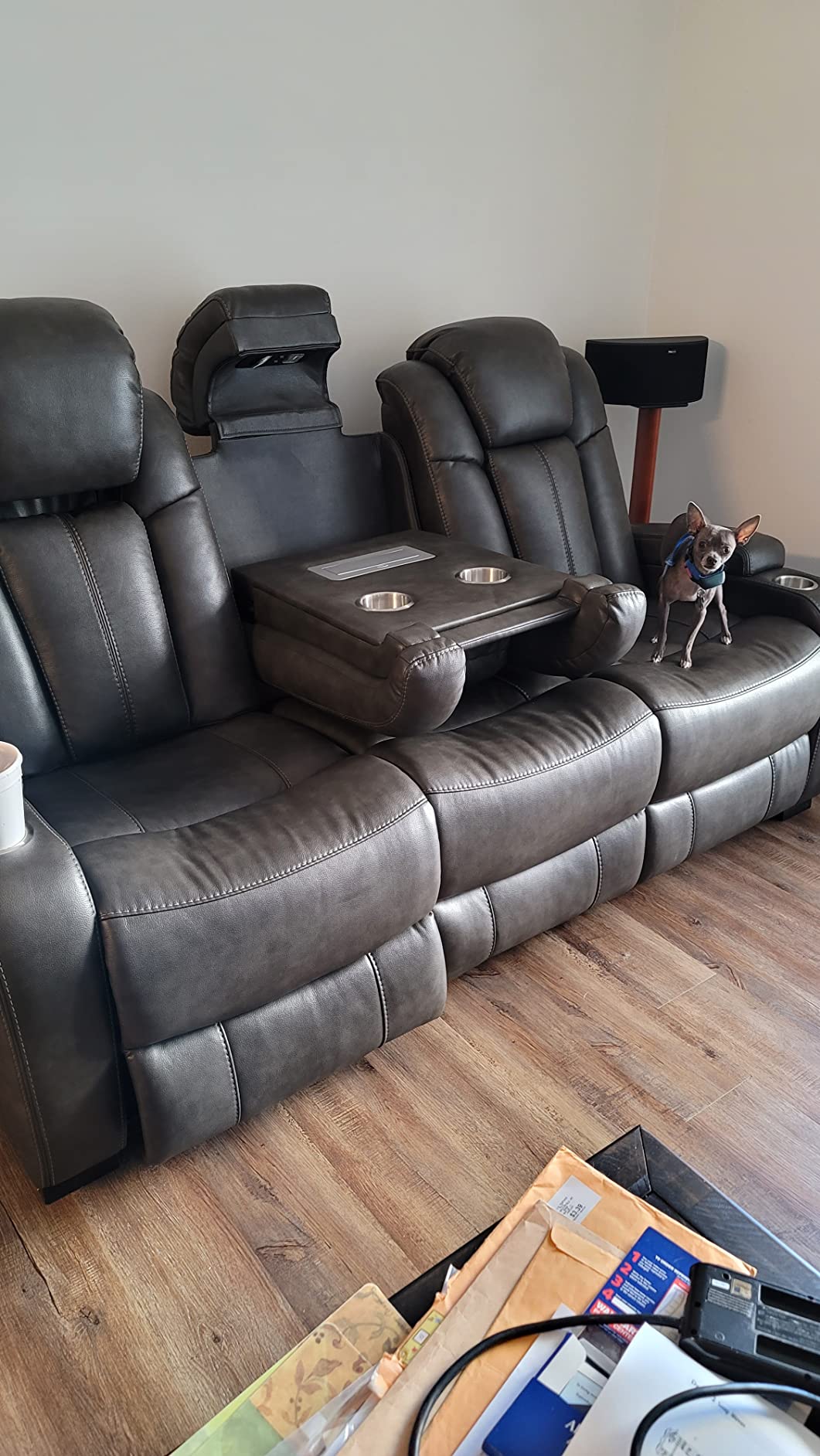 Signature Design by Ashley Power Reclining Faux Leather Loveseat, Brindle | Medium plush cushions with 4 cup holders, Easy View power headrests for home theater, Wolfridge Series customer photo 1
