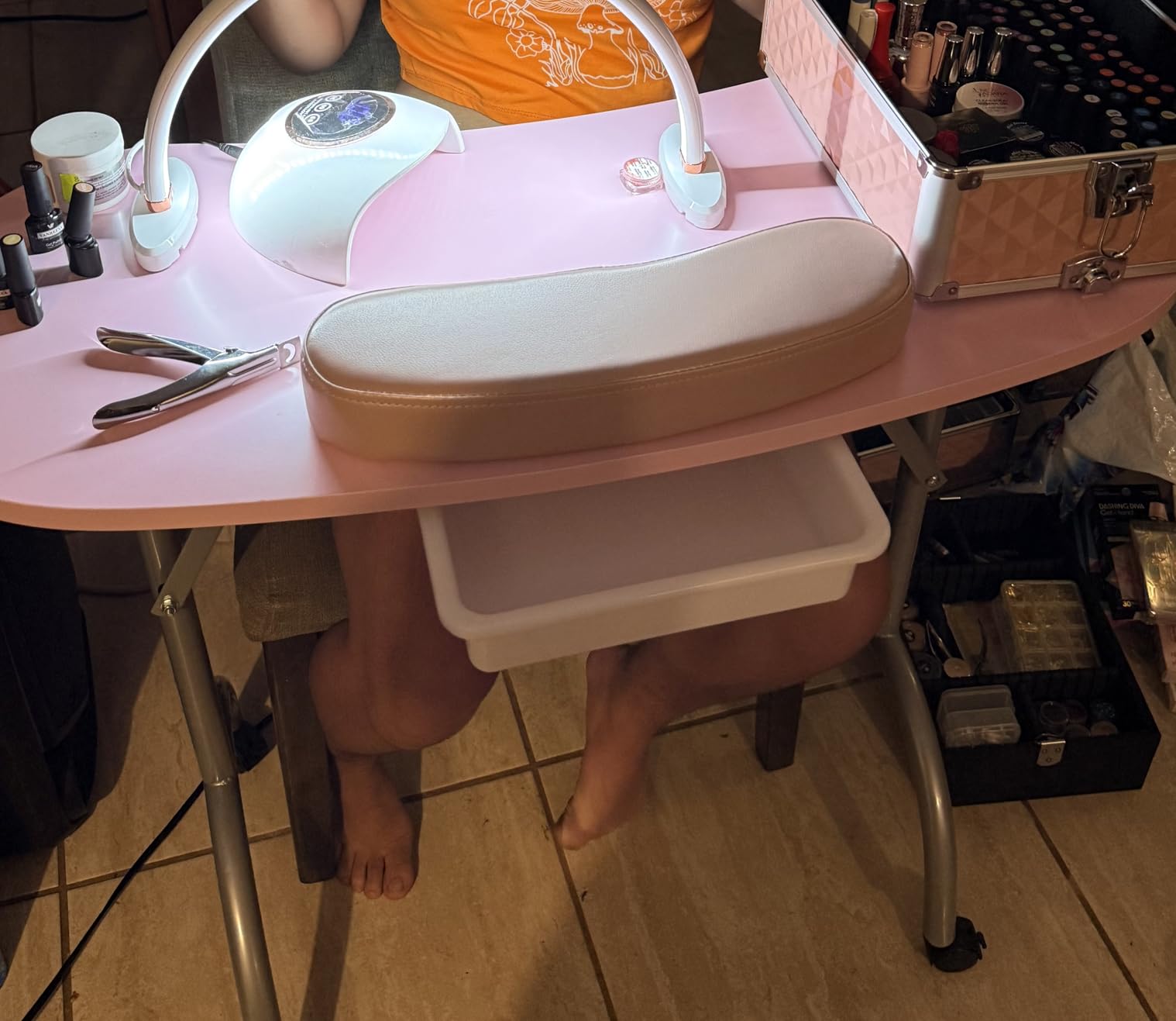 Joligrace Manicure Table Nail Desk Professional Foldable Portable Table | Nail Technician Workstation 4 Lockable Wheels with Drawer Client Wrist Pad Free Carrying Bag Travel Nail Tech Spa Table Pink customer photo 2