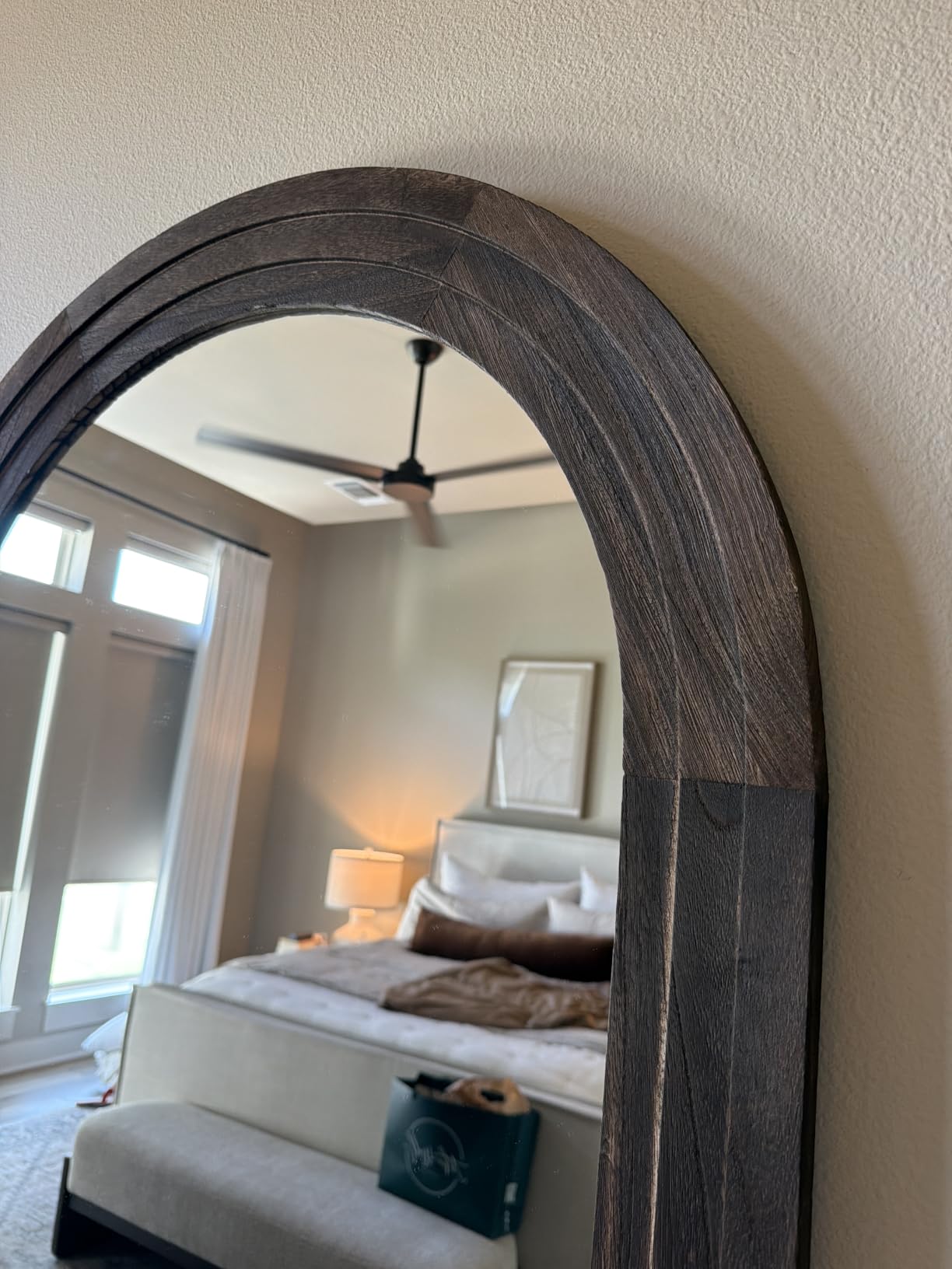 ZHUNFA Arched Full Length Mirror with Solid Wood Frame | 71x32 Farmhouse Wall Mounted Floor Mirror with Stand, Vertical Hanging, Leaning Standing for Bedroom, Living Room, Brown customer photo 1