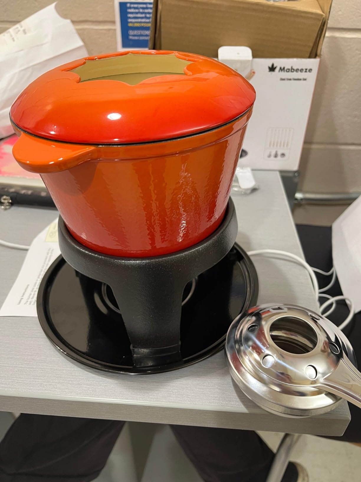 Mabeeze Cast Iron Fondue Pot Set Red Enameled 1.6 Qt for Cheese, Chocolate, or Meat: Includes 6 Fondue Forks | Cheese, Chocolate & Meat Fondue Pot with Burner, Stand & Splash Guard customer photo 1