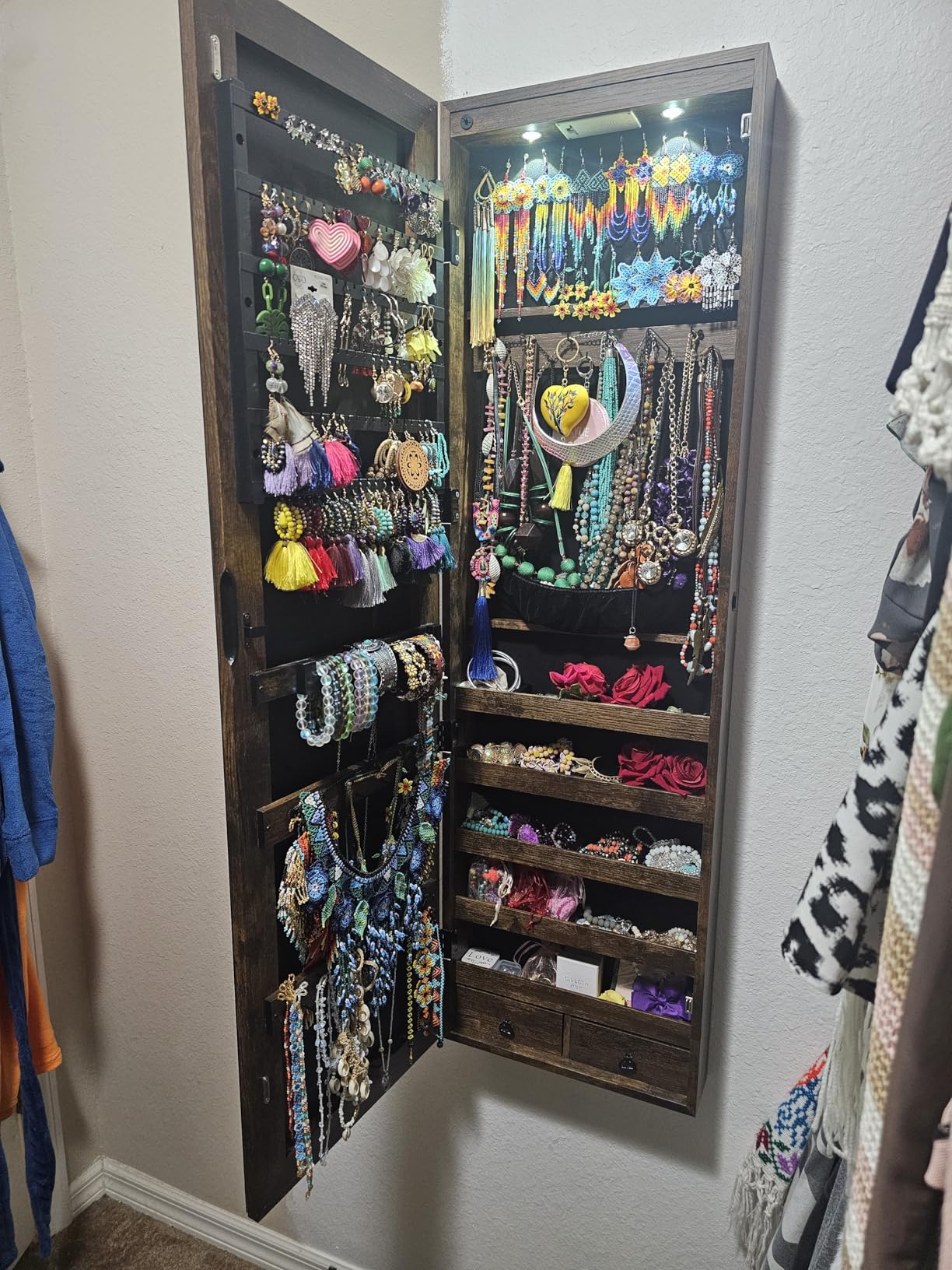 NAFORT 2 LEDs Full Length Mirror with Jewelry Armoire, Jewelry Organizers and Storage with 2 Mounting Options, Rustic Brown customer photo 1