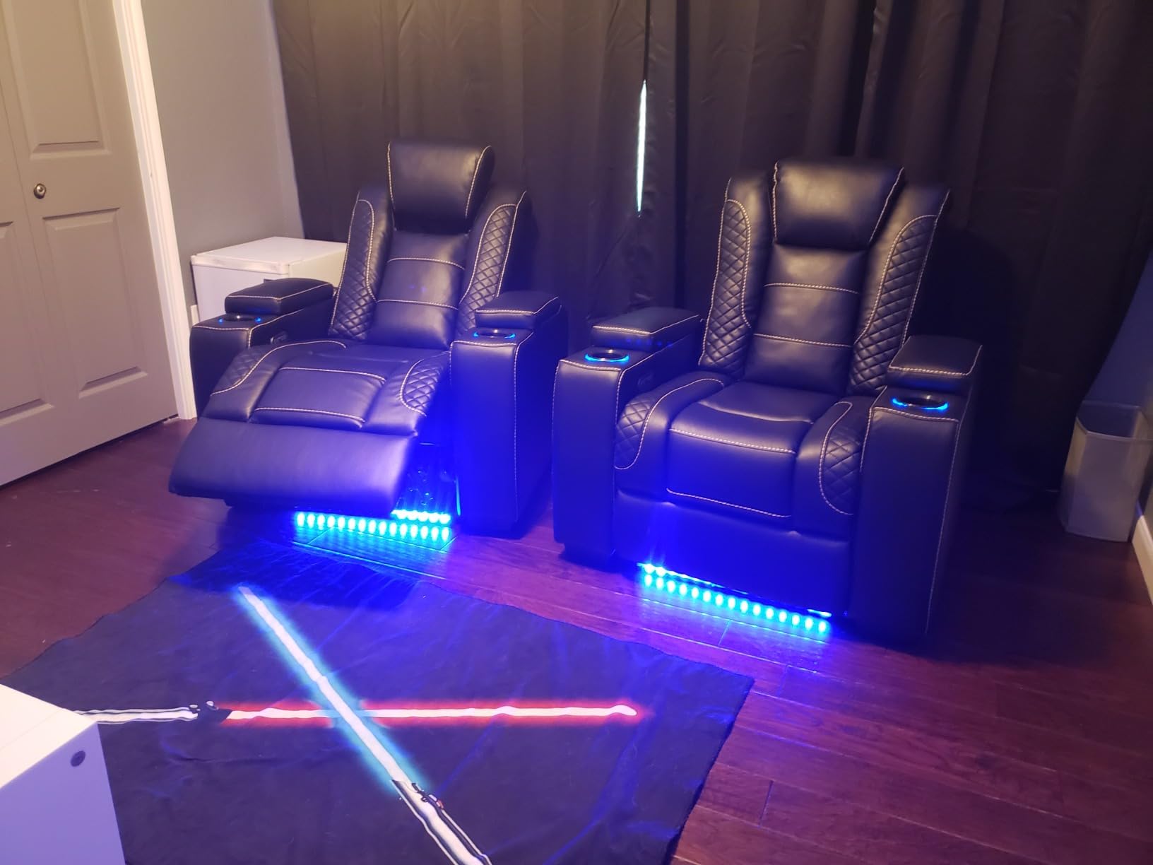 ANJ Power Home Theater Seating, PU Leather Electric Recliner Chair with Adjustable Headrest, Dual Motors Movie Reclining Chairs with LED Lights, USB Port, Cup Holders, Hidden Arm Storage (Brown) customer photo 1
