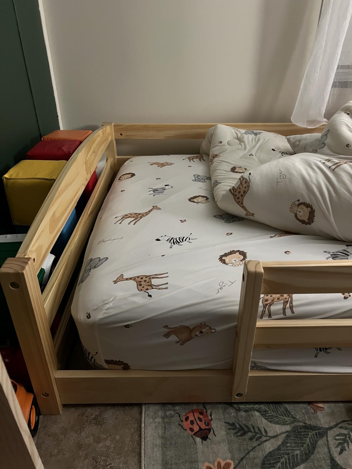 Twin Floor Bed with Safety Guardrails, 2 Openings and 14 supportive slats | Montessori-inspired toddler floor bed with solid pine wood and plywood construction supports 400lbs. Easy to assemble - White customer photo 1