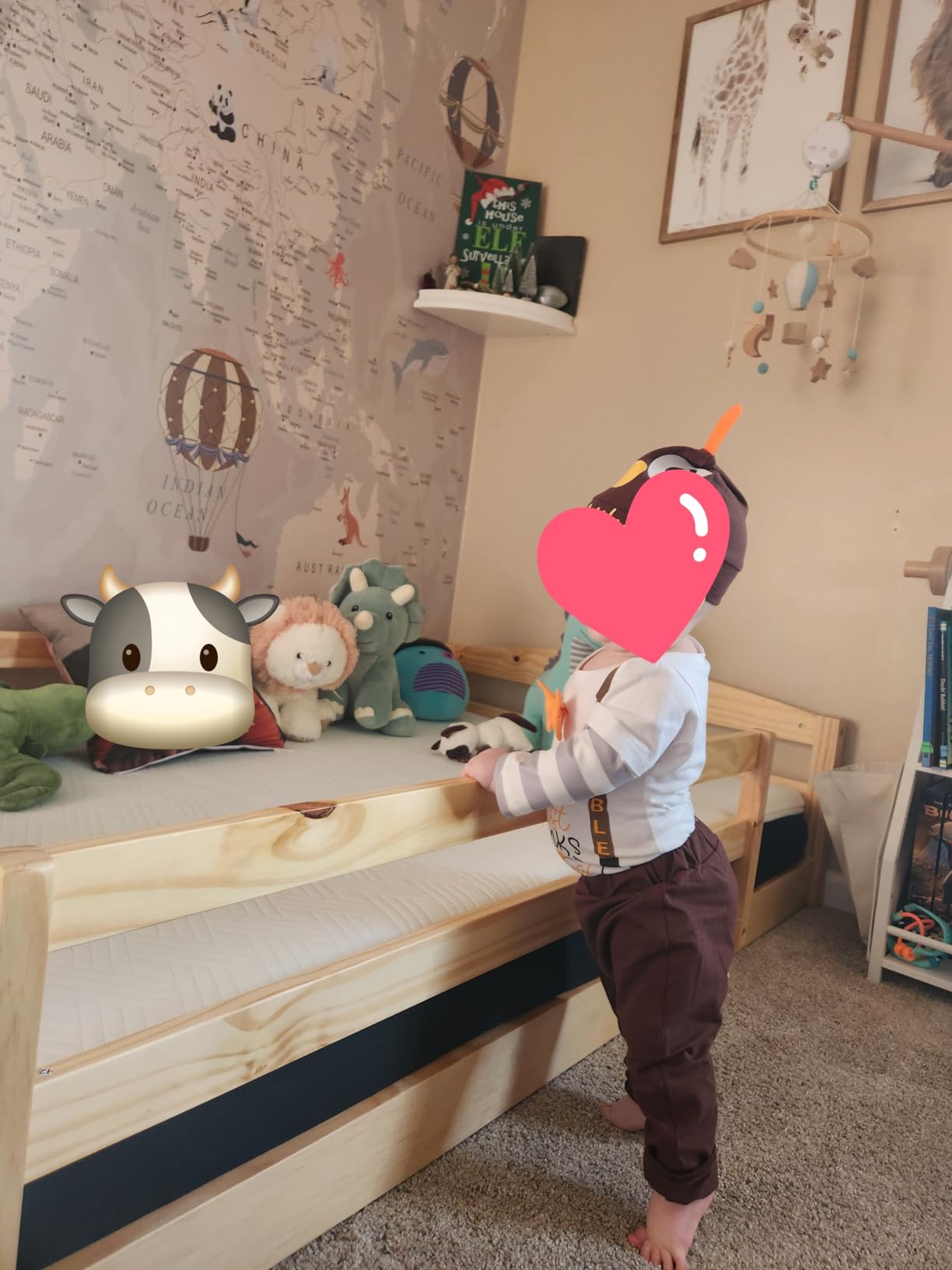 Twin Floor Bed with Safety Guardrails, 2 Openings and 14 supportive slats | Montessori-inspired toddler floor bed with solid pine wood and plywood construction supports 400lbs. Easy to assemble - White customer photo 2