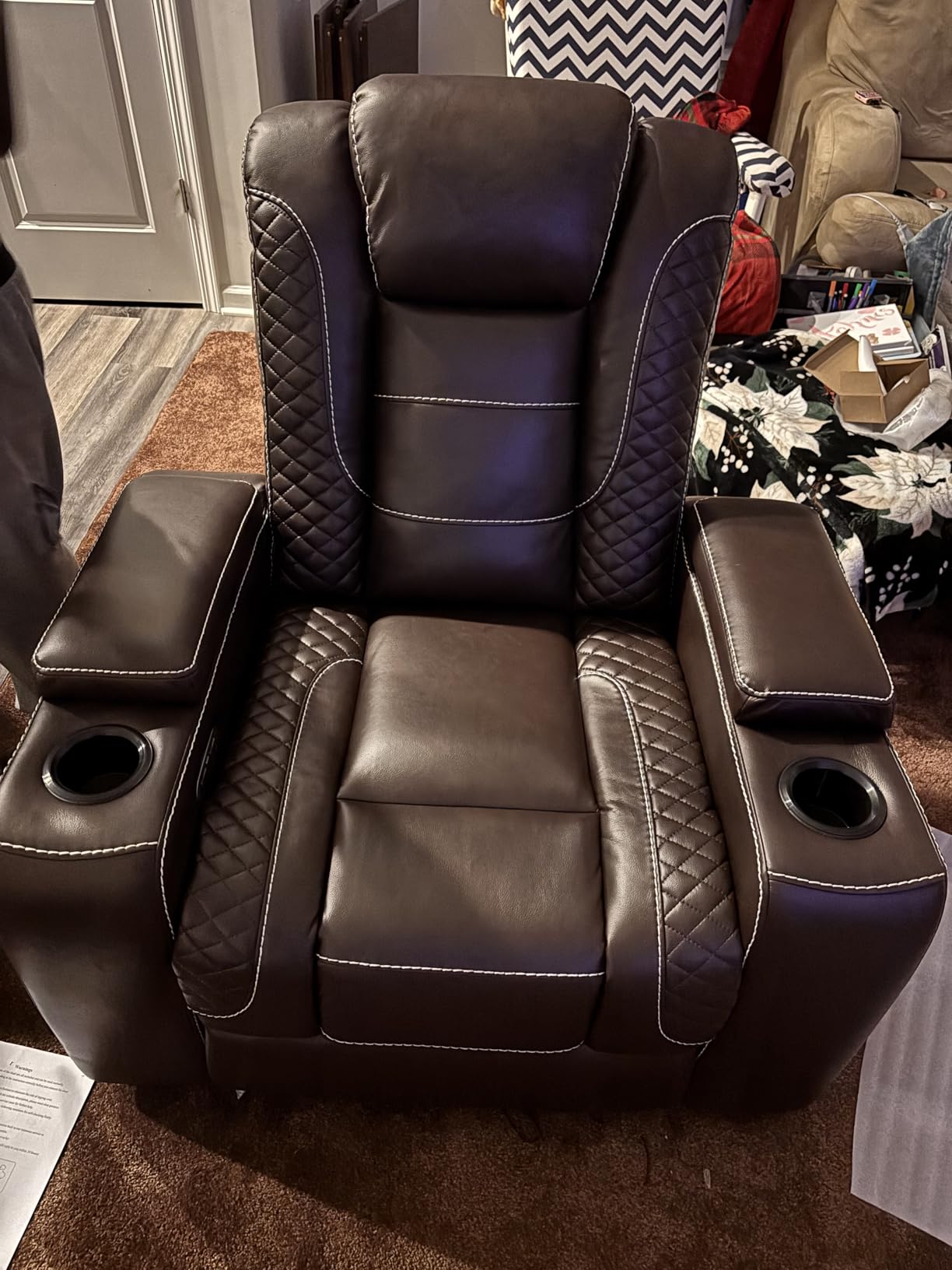 ANJ Power Home Theater Seating, PU Leather Electric Recliner Chair with Adjustable Headrest, Dual Motors Movie Reclining Chairs with LED Lights, USB Port, Cup Holders, Hidden Arm Storage (Blue & Black) customer photo 1