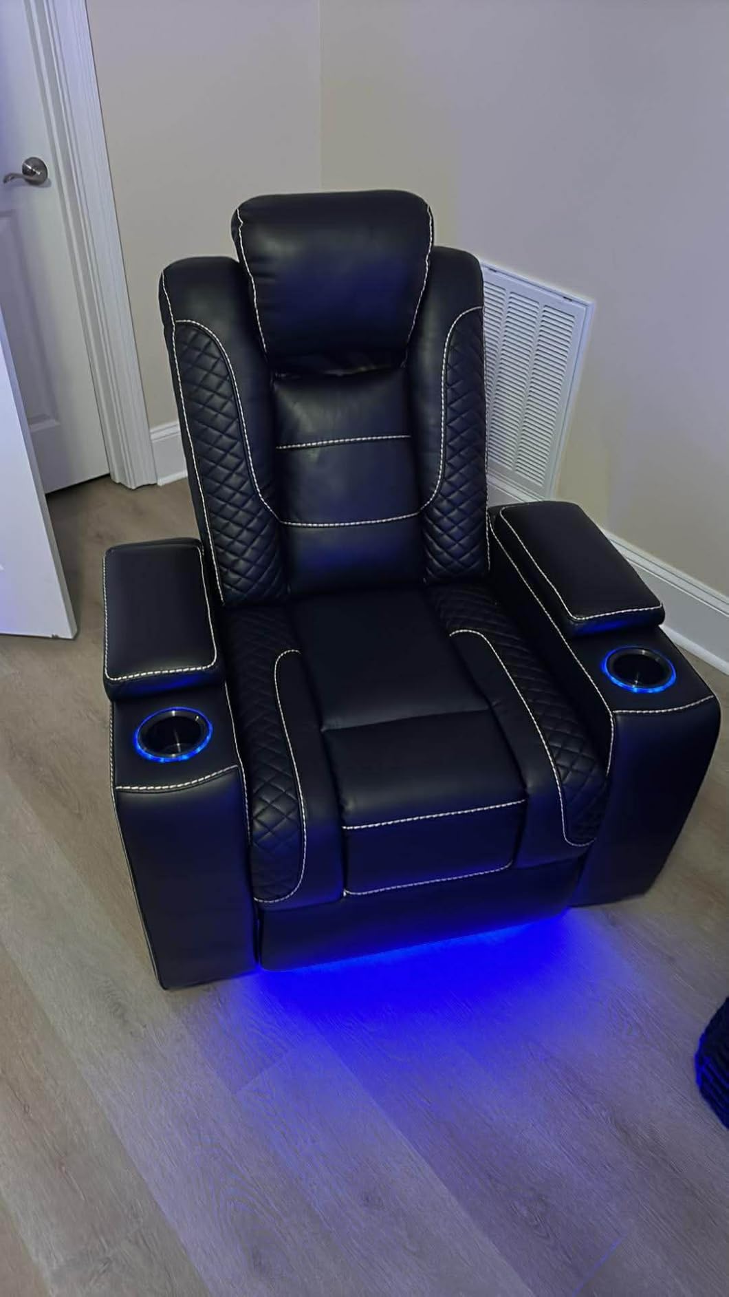 ANJ Power Home Theater Seating, PU Leather Electric Recliner Chair with Adjustable Headrest, Dual Motors Movie Reclining Chairs with LED Lights, USB Port, Cup Holders, Hidden Arm Storage (Blue & Black) customer photo 2