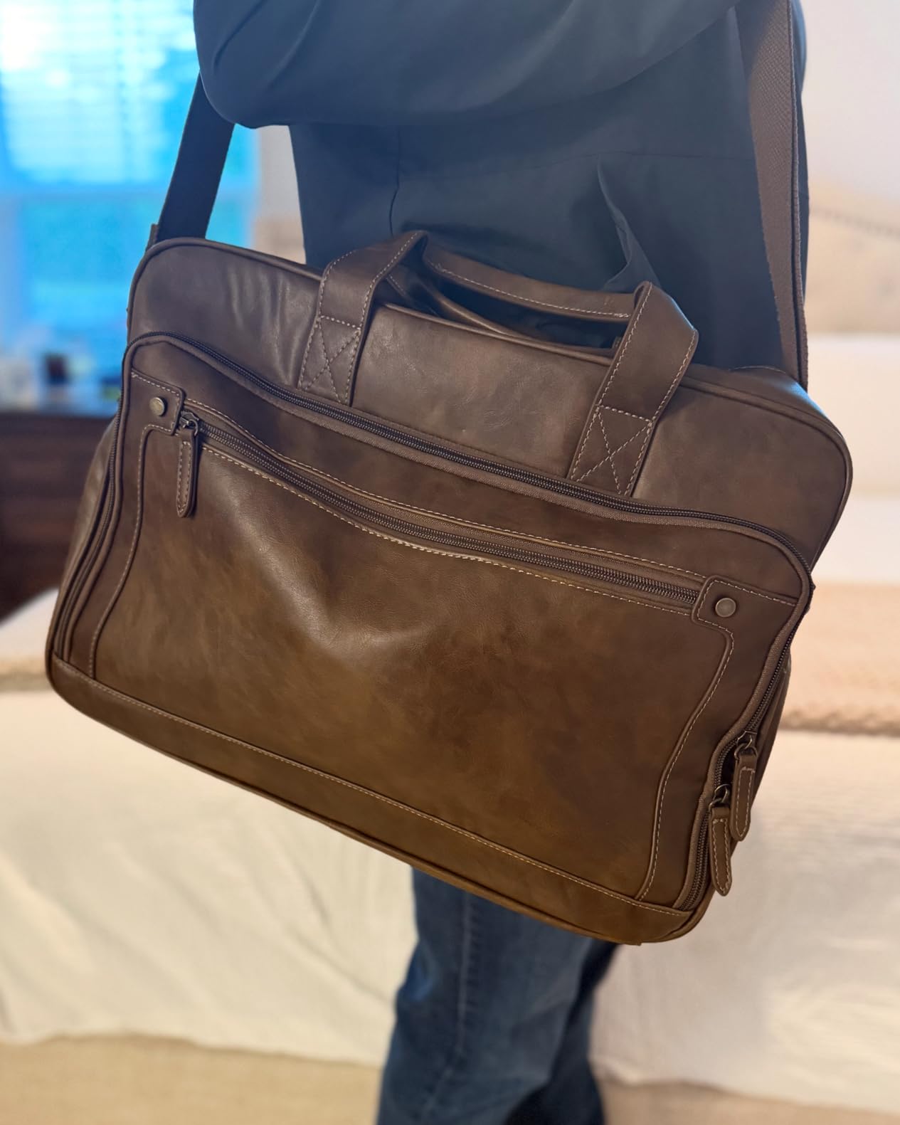 RAINSMORE Mens Laptop Bag 16 Inch Leather Briefcase Vintage Messenger Bag, Waterproof Crossbody Office Computer Bag customer photo 2