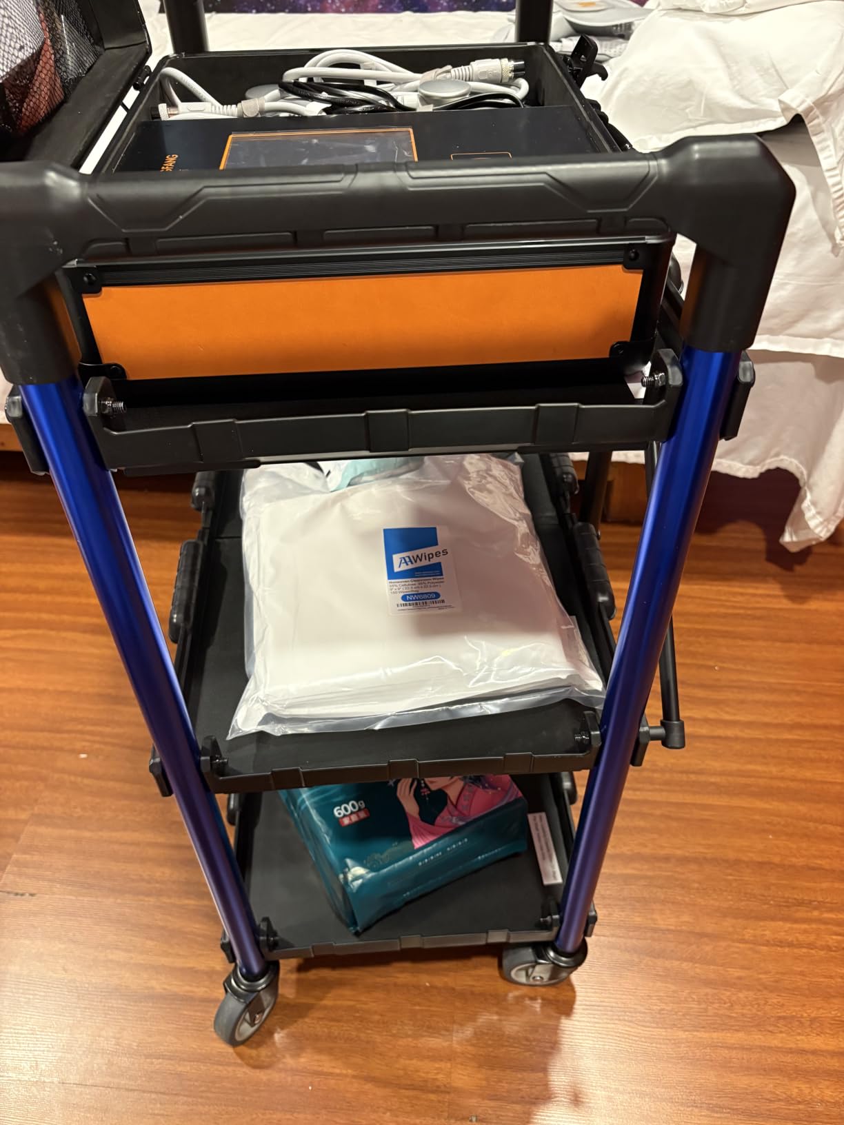 WORKPRO 3-Tier Collapsible Utility Cart, 210 LBS Cart with Wheels | No Assembly Required, Foldable Service Cart with Spacious Shelves for Garage, Warehouse, Office & Home Use, Black/Blue customer photo 2