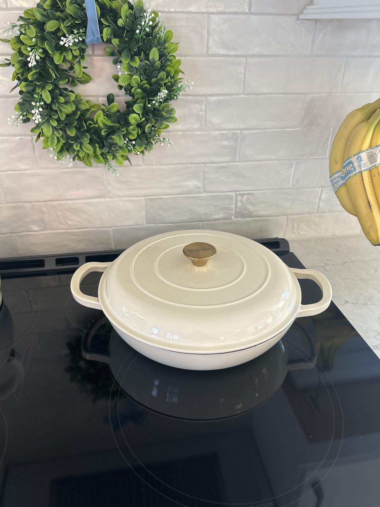 Overmont Enameled Cast Iron Dutch Oven - 3.8 QT Shallow Braiser with Recipe | Enameled Casserole with Lid Potholders, Oven Safe up to 500°F, Cast Iron Cookware for Grilling Searing Roasting Braising Bake customer photo 2
