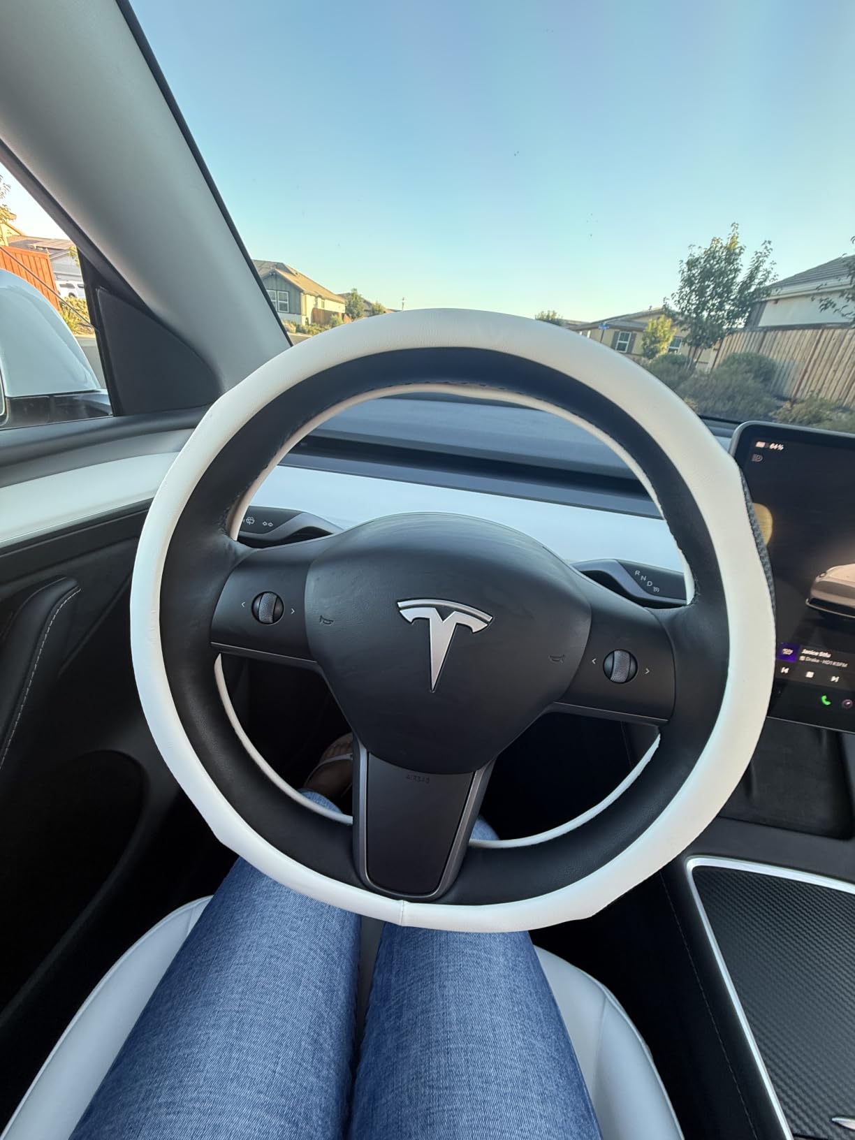 Uxcer Nappa Leather Steering Wheel Cover Compatible with Tesla Model 3/Y 2016-2025 2026 Juniper/Highland, Non-Slip Breathable Model 3/Y Steering Wheel Protector, Black customer photo 1