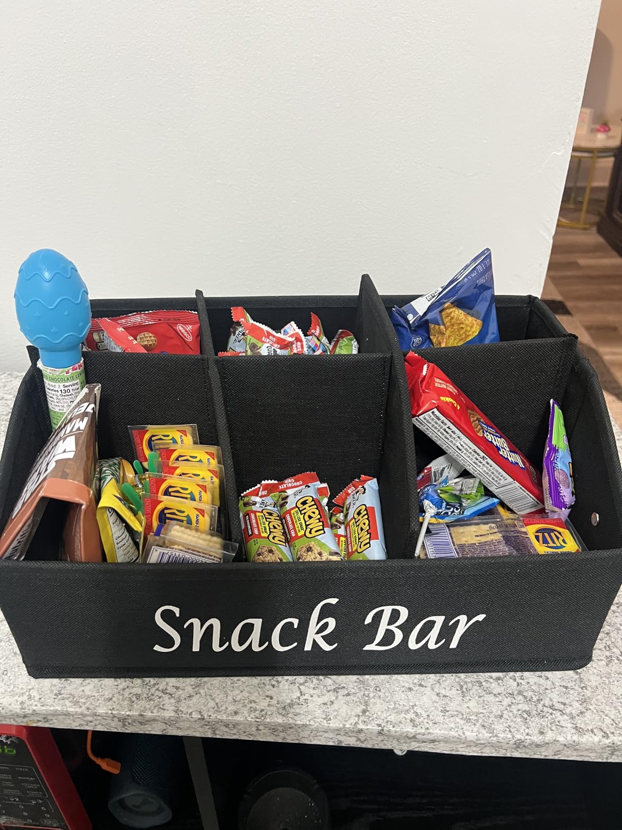 Snack Organizer for Countertop, Fabric Snack Bar Station with Handles, 6 Compartment Container, Black customer photo 1