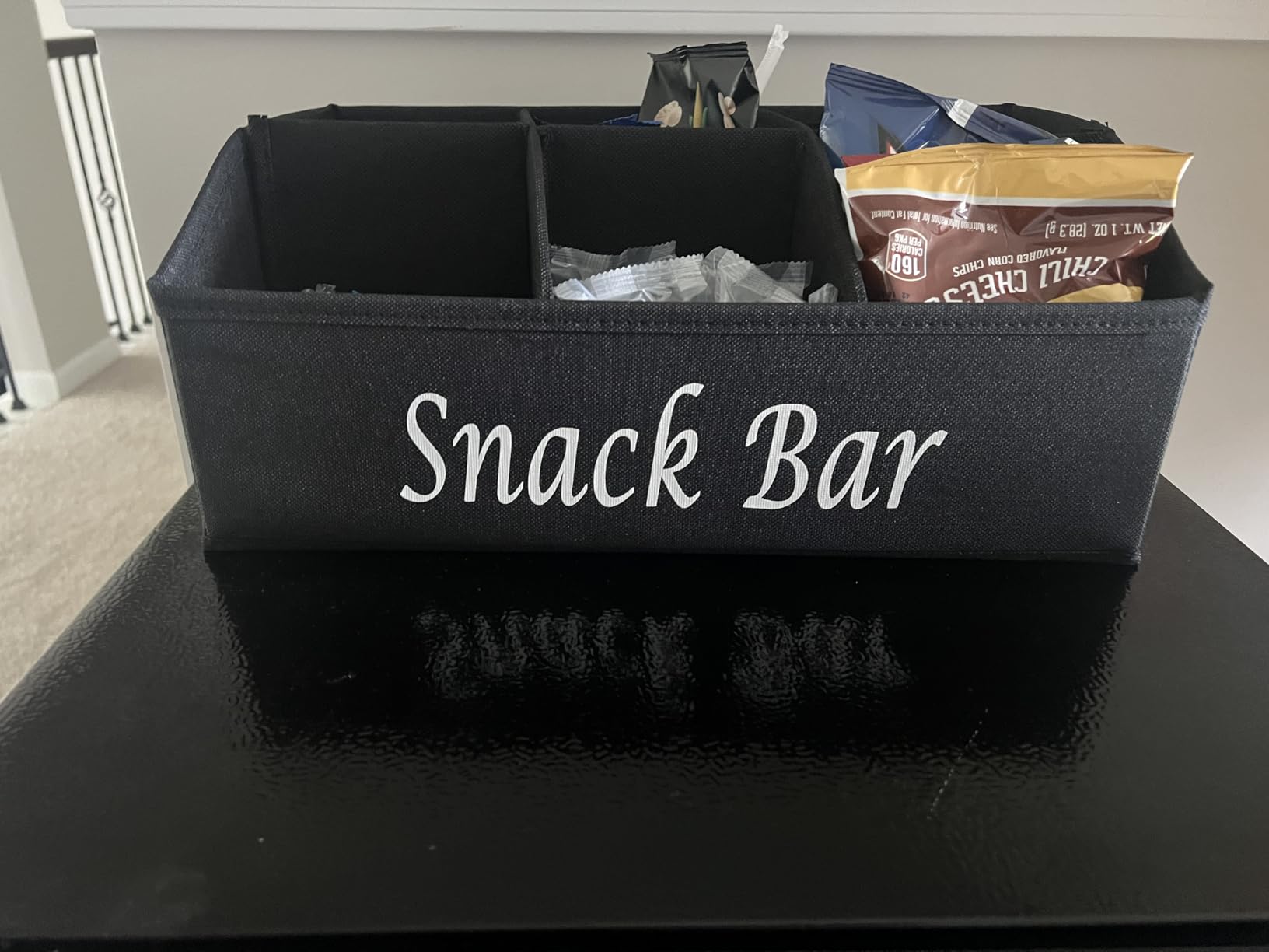 Snack Organizer for Countertop, Fabric Snack Bar Station with Handles, 6 Compartment Container, Black customer photo 2