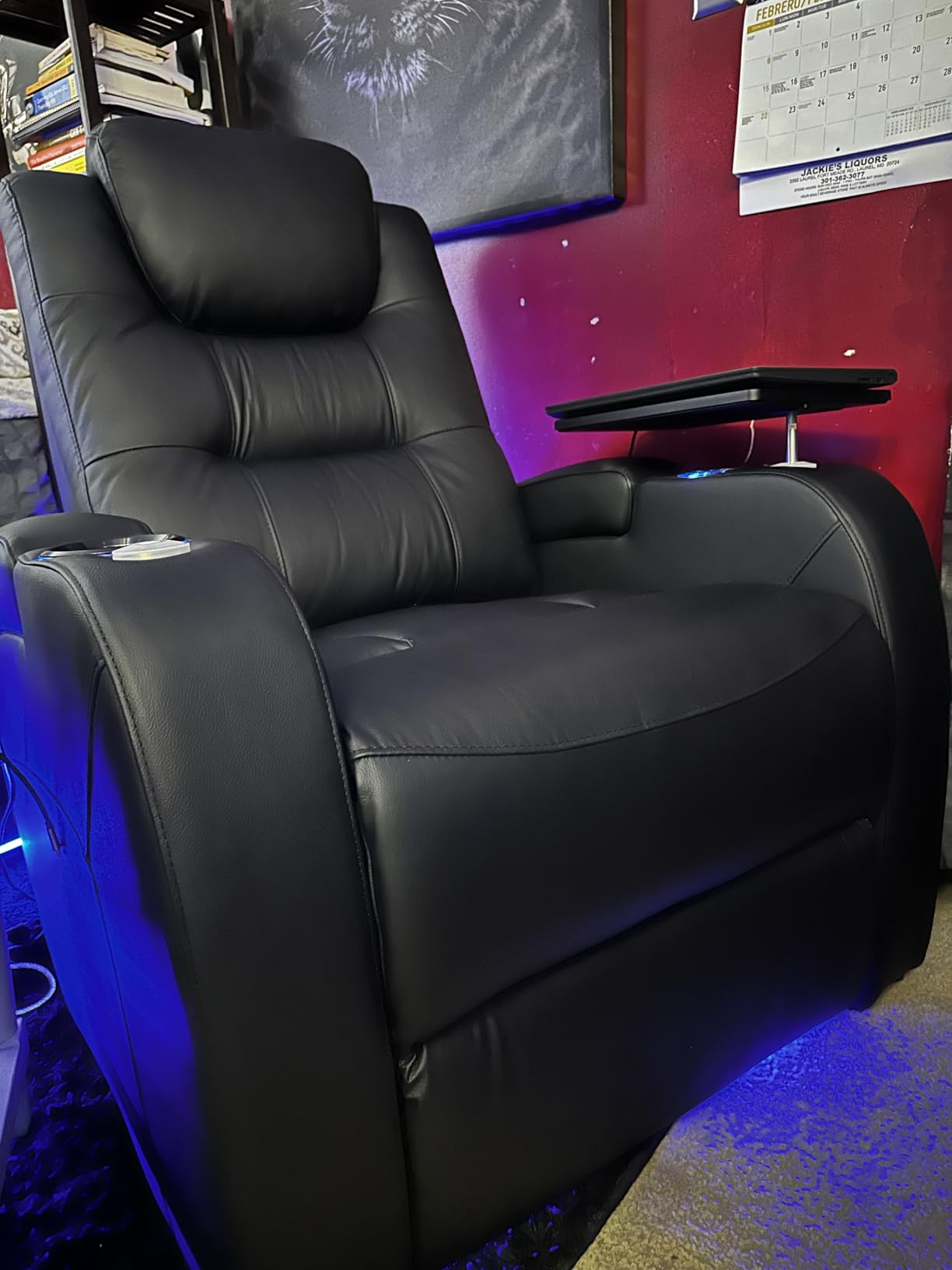comfiroom Home Theater Seating, Top-Grain Leather Power Recliner Chair | Simple Style Black Dual Power Electric Headrest Movie Theater Chairs Gaming Sofa with Tray Table, Row of 1 customer photo 1