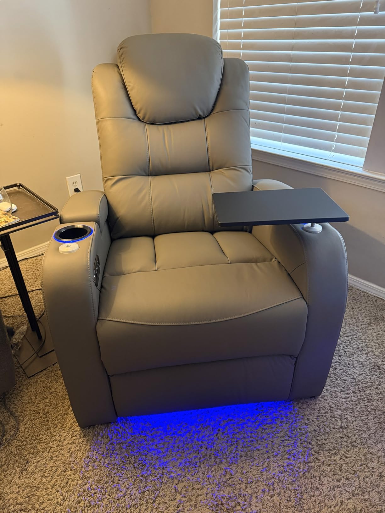 comfiroom Home Theater Seating, Top-Grain Leather Power Recliner Chair | Simple Style Black Dual Power Electric Headrest Movie Theater Chairs Gaming Sofa with Tray Table, Row of 1 customer photo 2