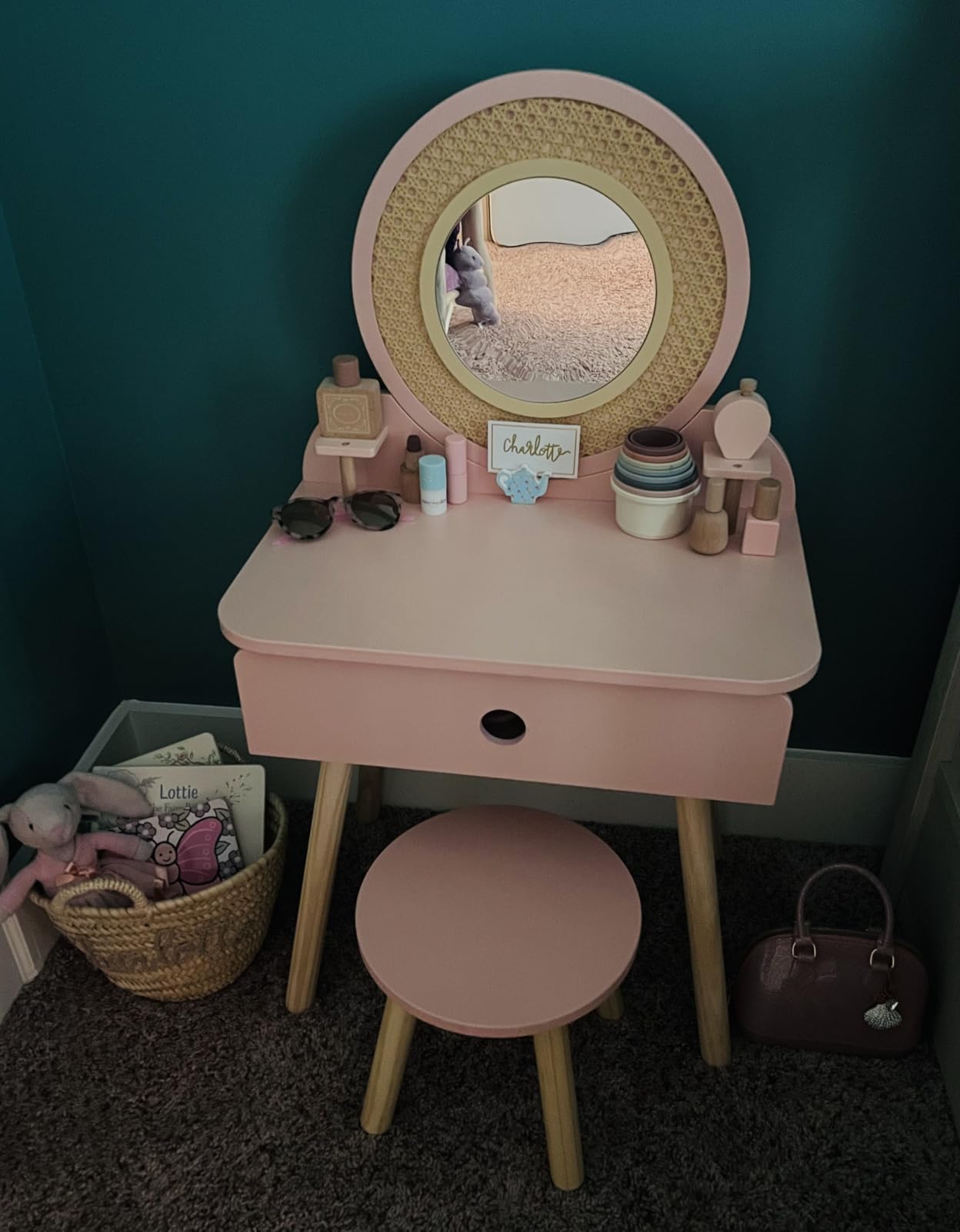 OOOK Toddler Vanity Set with 11pcs Accessories, Kids Vanity Table Chair Set | FSC Safety, Pink Pretend Makeup Toy with Straw Weaving Decor, Suitable for Girls Aged 3+ customer photo 1