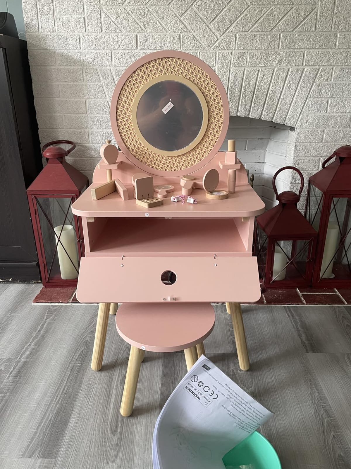 OOOK Toddler Vanity Set with 11pcs Accessories, Kids Vanity Table Chair Set | FSC Safety, Pink Pretend Makeup Toy with Straw Weaving Decor, Suitable for Girls Aged 3+ customer photo 2