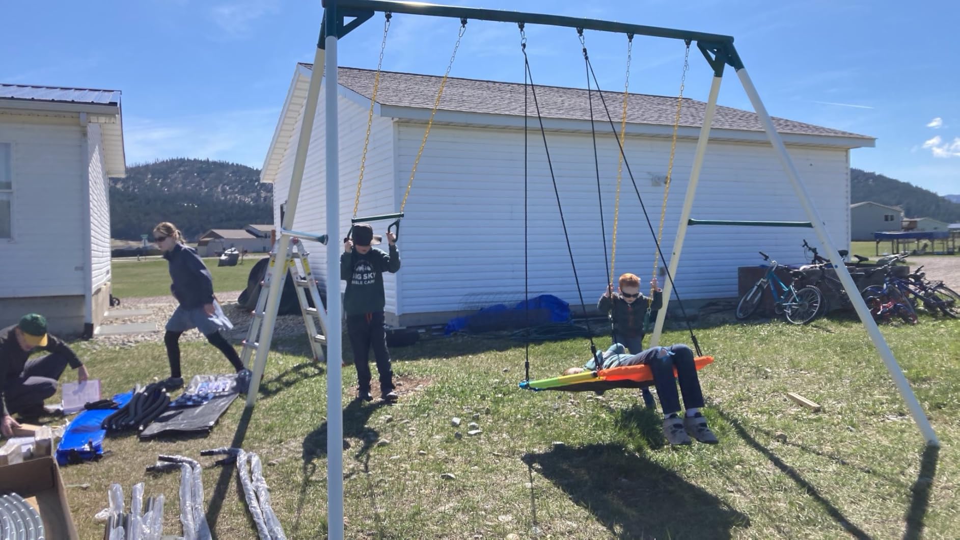Hapfan 9.5' Tall Heavy Duty Metal Swing Sets for Backyard with 3 Swings | Platform + Belt + Trapeze Swings, Weather-resistant A-frame Swingset, 600 lbs Capacity, Easy Backyard Setup customer photo 1