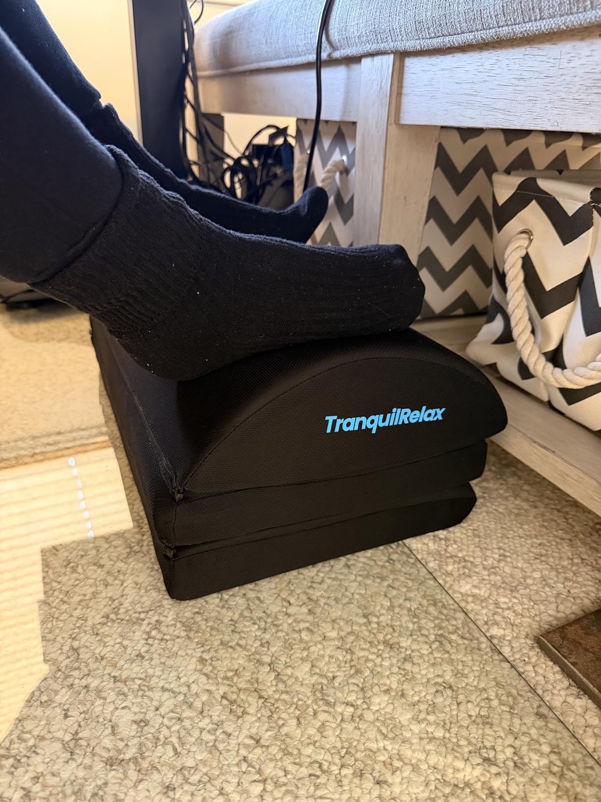 TranquilRelax Foot Rest for Under Desk at Work, Gaming Accessories Foot Stool with 3 Adjustable Heights & Washable Cover, Comfortable Office Desk Accessories, Footrest for Office, Home and Car (Black) customer photo 2