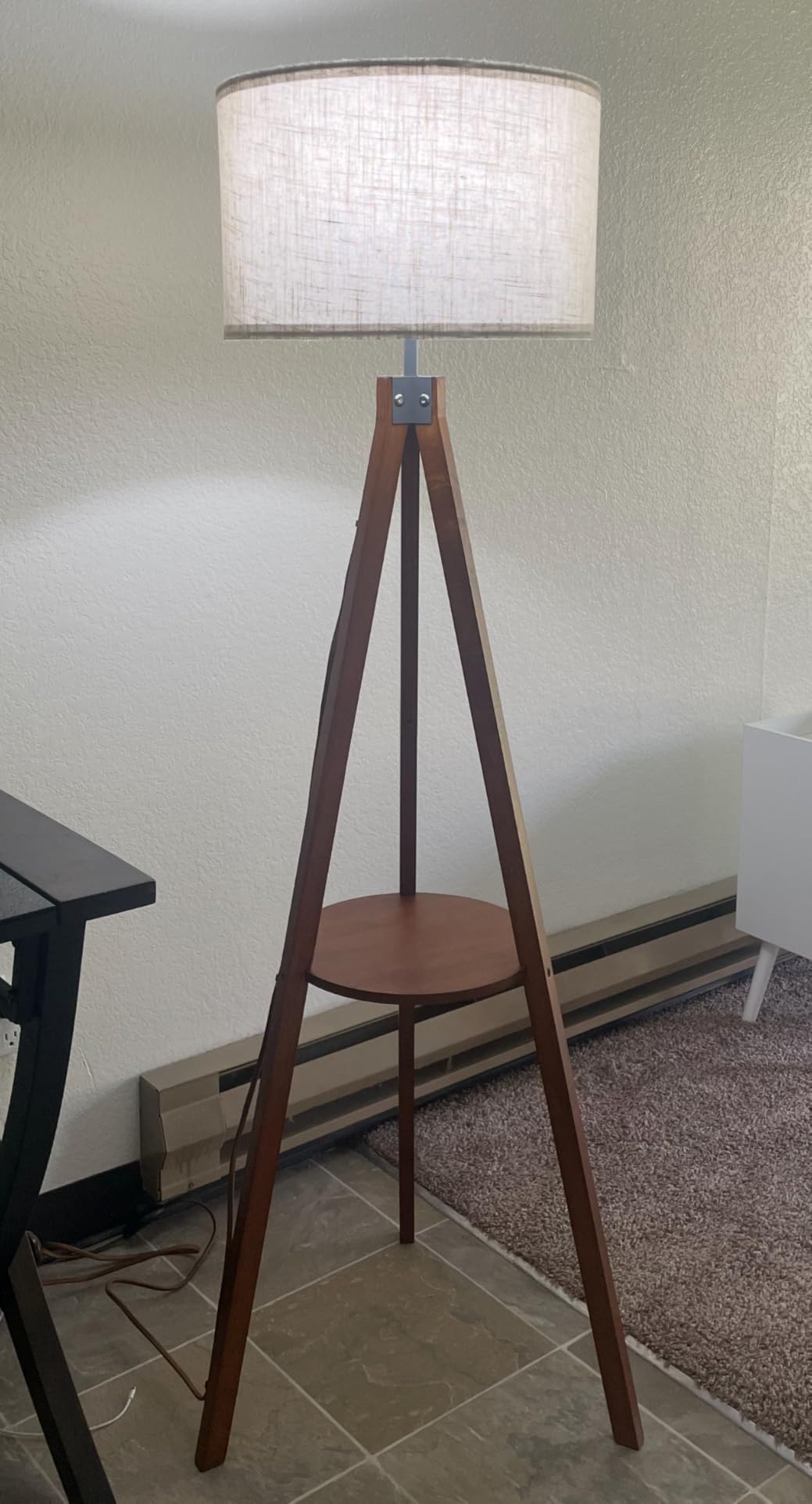 ELYONA Mid Century Floor Lamp with 3 Color Temperatures LED Bulb, Modern Wood Tripod Table Reading Standing Light, Wooden Shelf Floor Lamp for Farmhouse Living Room Bedroom Office Linen Shade Brown customer photo 1