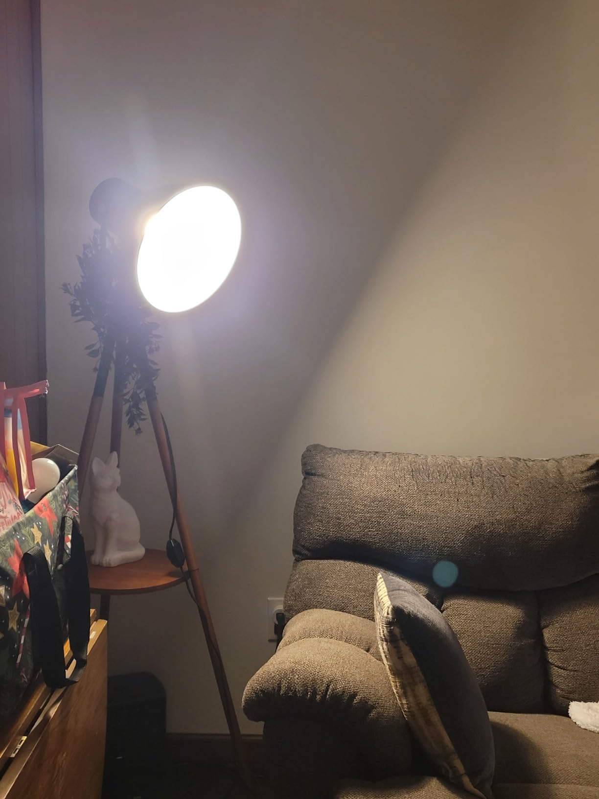 ELYONA Tripod Floor Lamp with Table, Mid Century Wood Shelf Standing Light Modern Tall Floor Lamp with Linen Shade for Living Room Bedroom Office, Dark Brown, 3 Color Temperatures LED Bulb Include customer photo 1