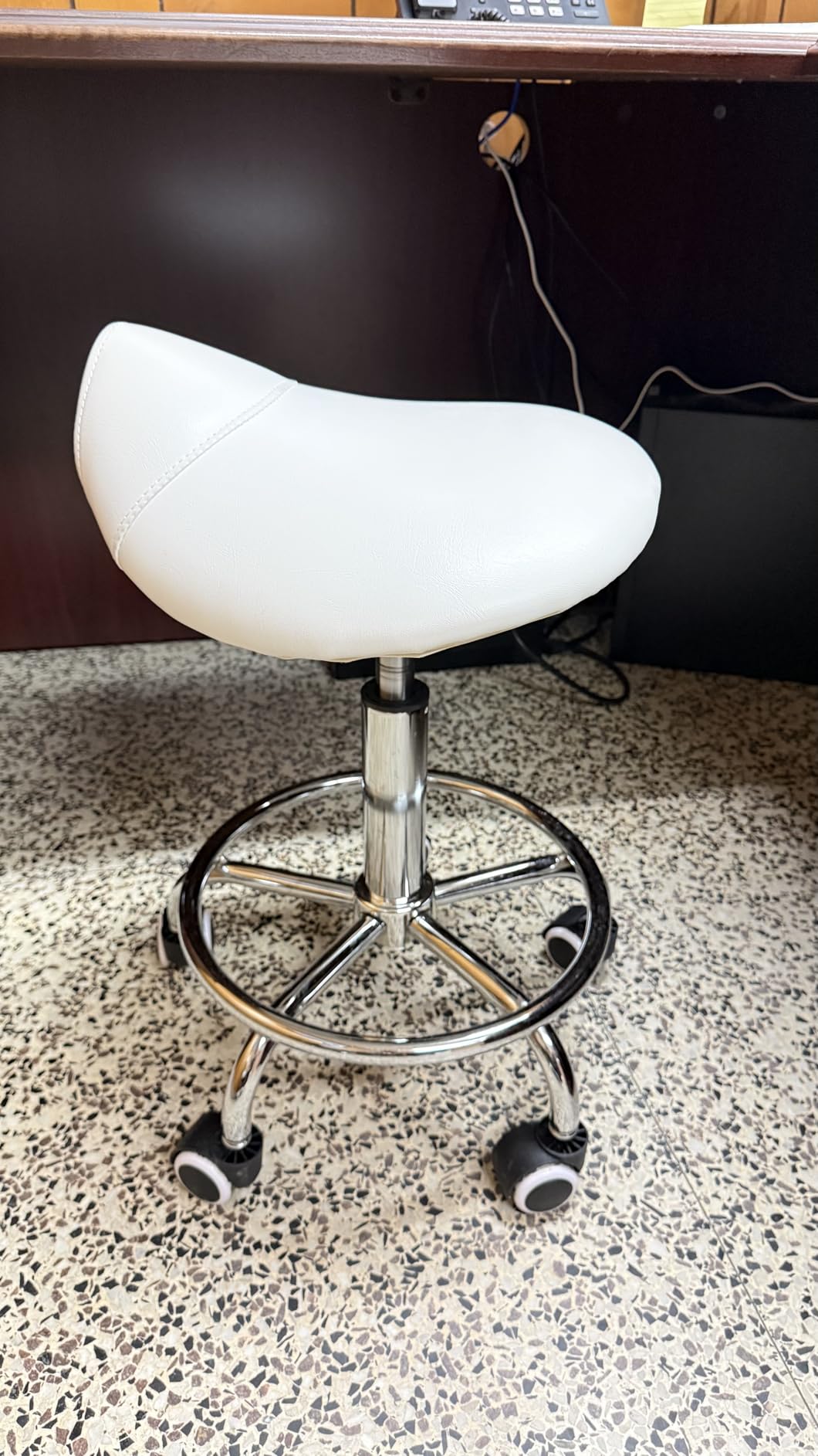 YEEZEE Saddle Stool Ergonomic, Saddle Chair with Wheels, Dark Black - Comfortable Wide Thick Saddle Seat Padding, 360 Degree Swivel, Adjustable Height, Ring Pedal Design, for Medical Massage Salon Spa customer photo 2