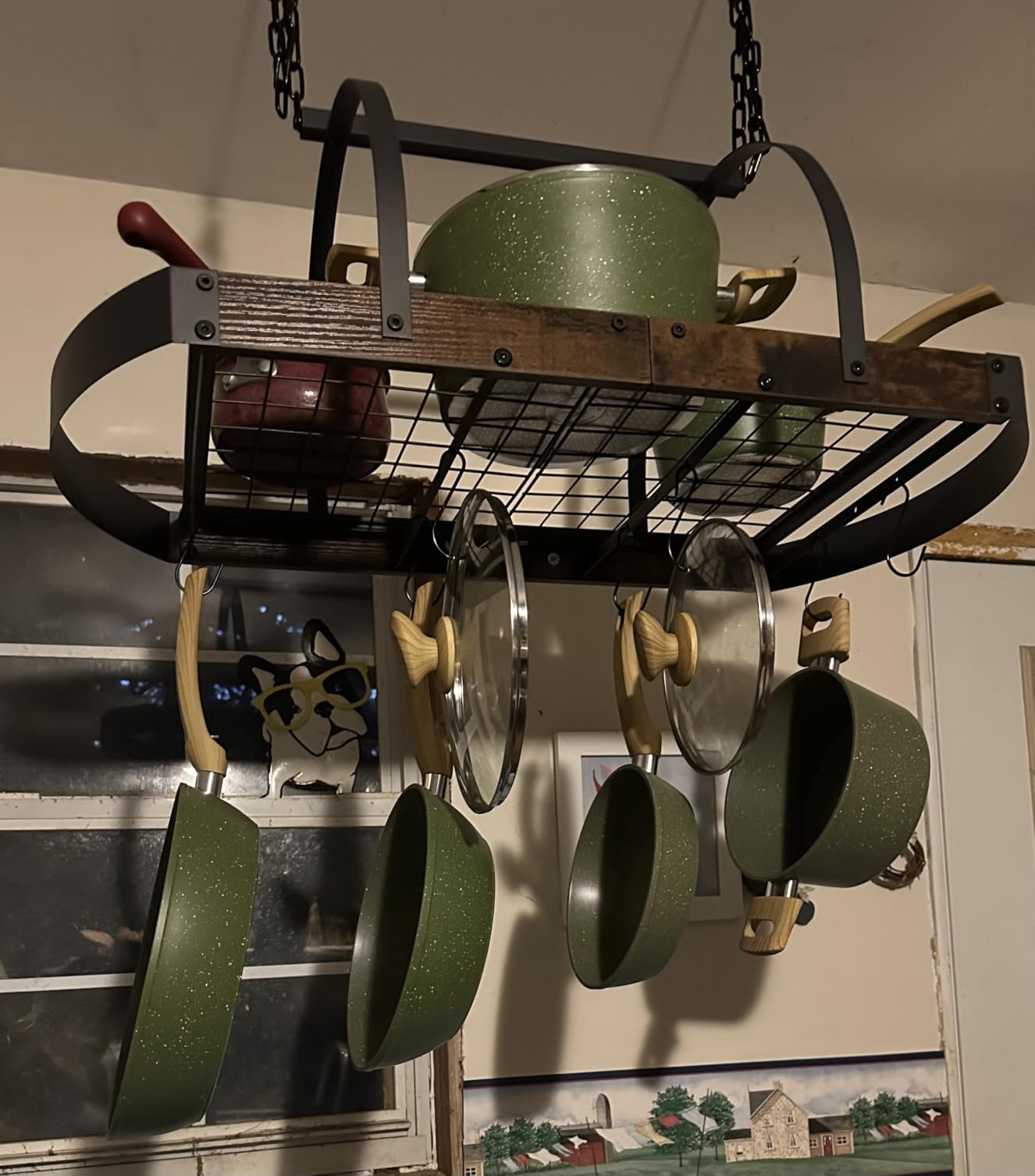 Hanging Pot Rack, Pot Hanger for Kitchen, Ceiling Mounted Pot Holder, Cookware Organizer with 12 S-Shaped Hooks, for Pot, Pan Storage, Space-Saving, Rustic Brown and Black TPR08BFC1 customer photo 1