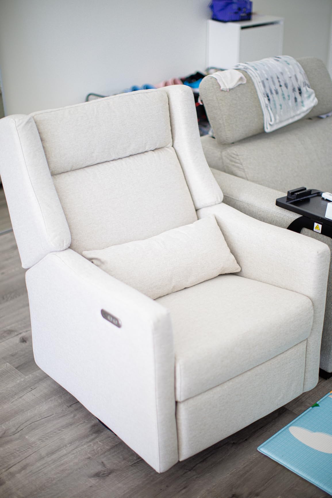 Babyletto Kiwi Plus Electric Recliner Glider in Performance Cream Eco-Weave | GREENGUARD Gold & CertiPUR-US Certified - Power Recliner Rocking Nursery Chair w/ USB Ports - 270° Swivel customer photo 2