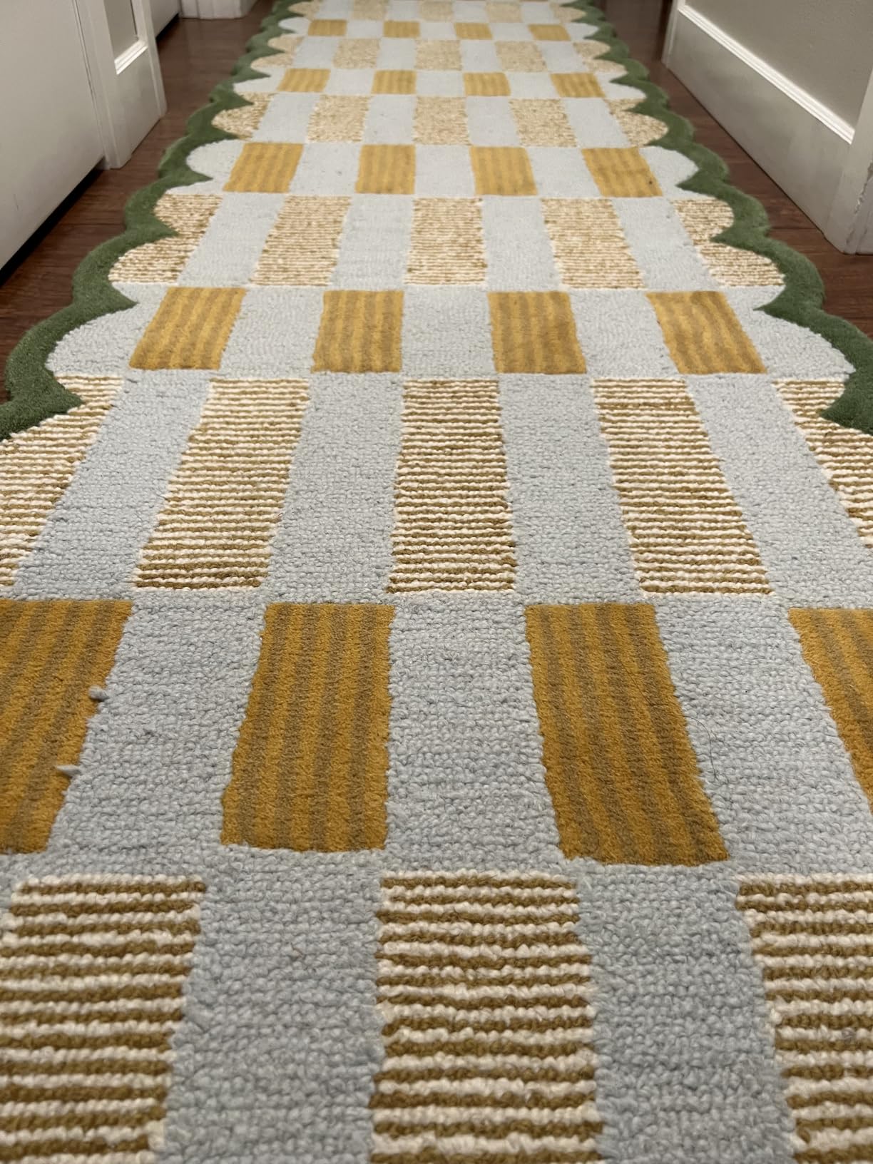 Hand Tufted Checkered 100% Wool Area Rug with Scalloped Edges - 6 x 8 Ft | Rectangular Light Blue Base, Mustard and Beige Blocks, Olive Green Scalloped Edge, Cotton Backing 10-15 mm Plush Pile Carpet customer photo 2