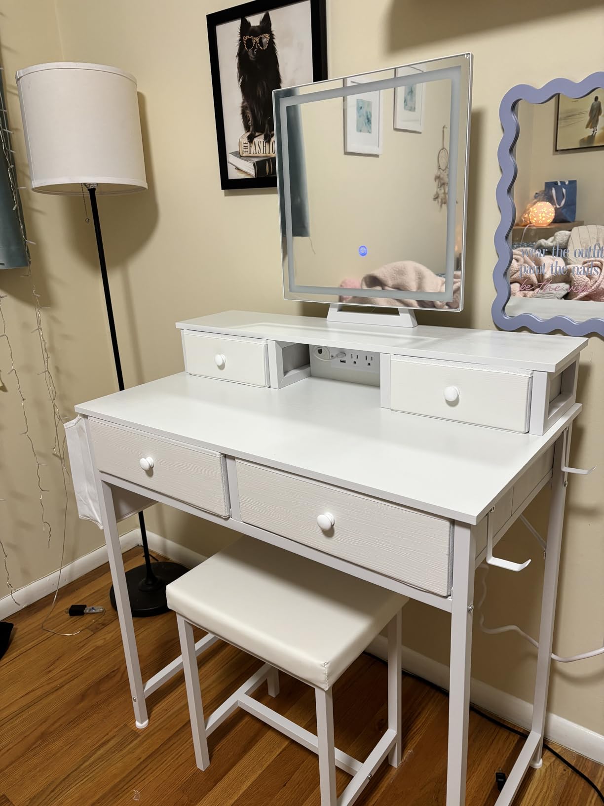 White Makeup Vanity Desk with Mirror and Lights, Vanity Set with Chair, Make Up Dresser Table with Drawers and Power Outlet for Girls Bedroom Small Space customer photo 1