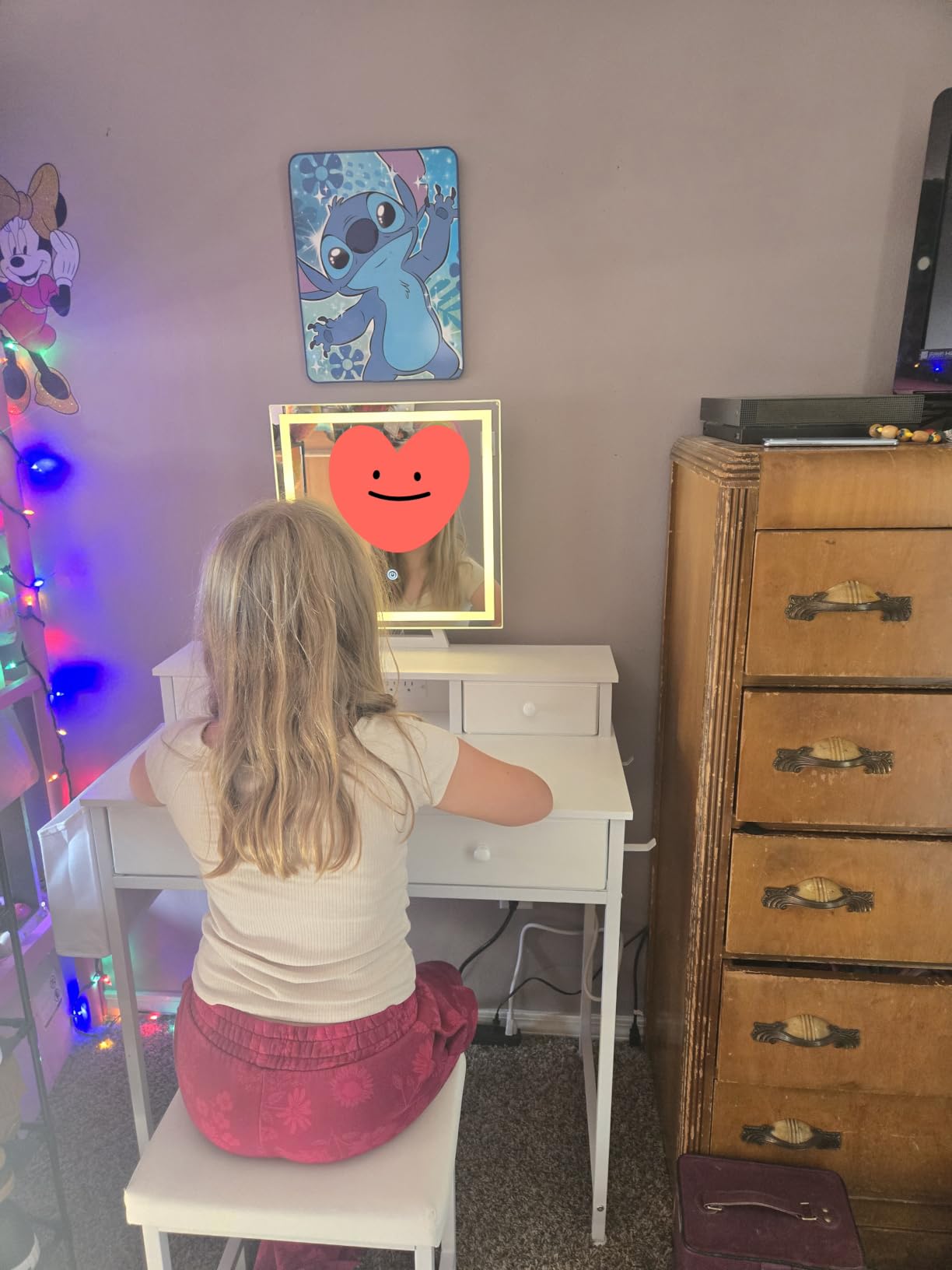 White Makeup Vanity Desk with Mirror and Lights, Vanity Set with Chair, Make Up Dresser Table with Drawers and Power Outlet for Girls Bedroom Small Space customer photo 2