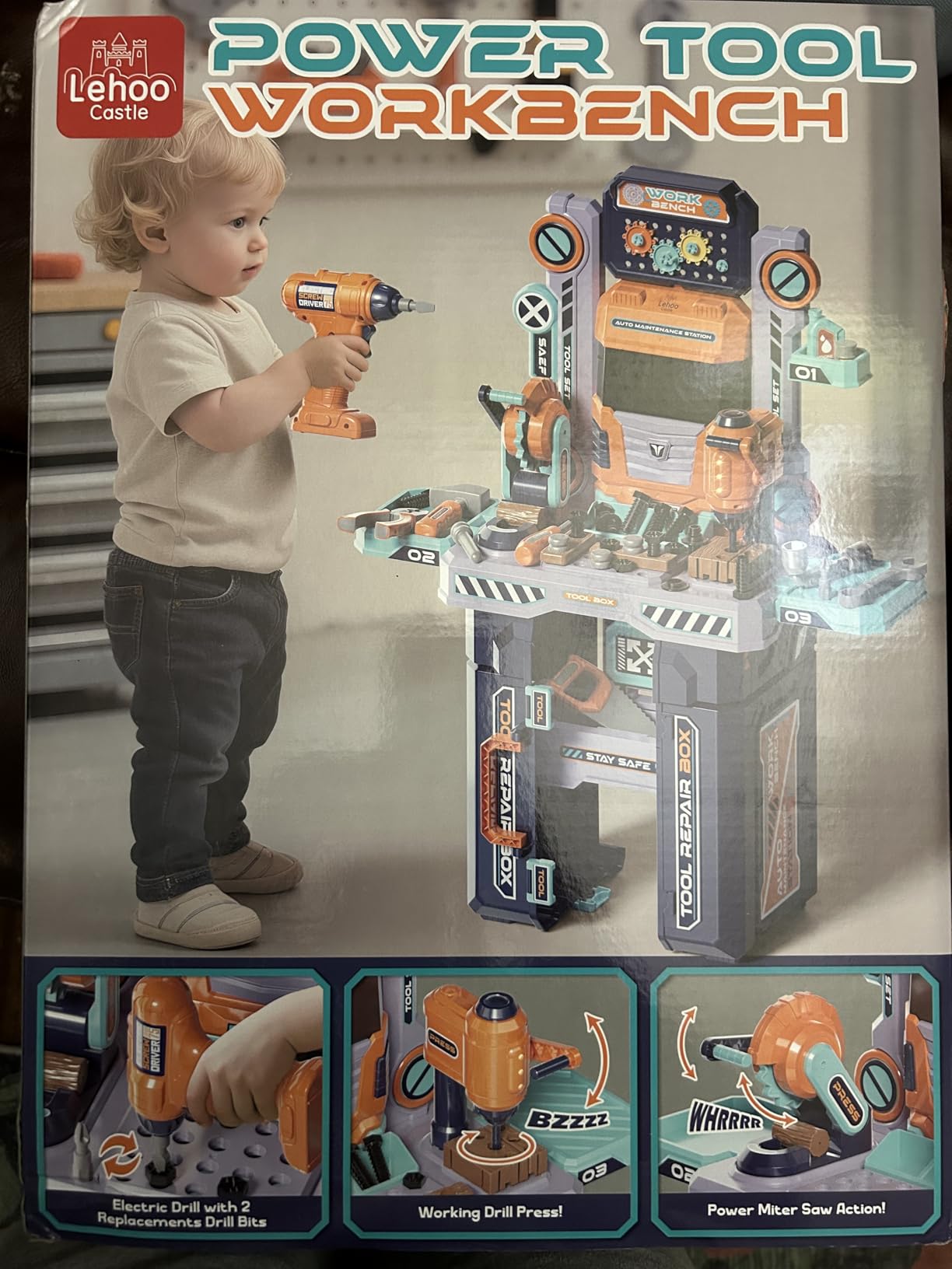 Lehoo Castle Kids Tool Bench with Electric Drill, Realistic Tools, Trucks - 2 in 1 Construction Workbench and Tool Box customer photo 2