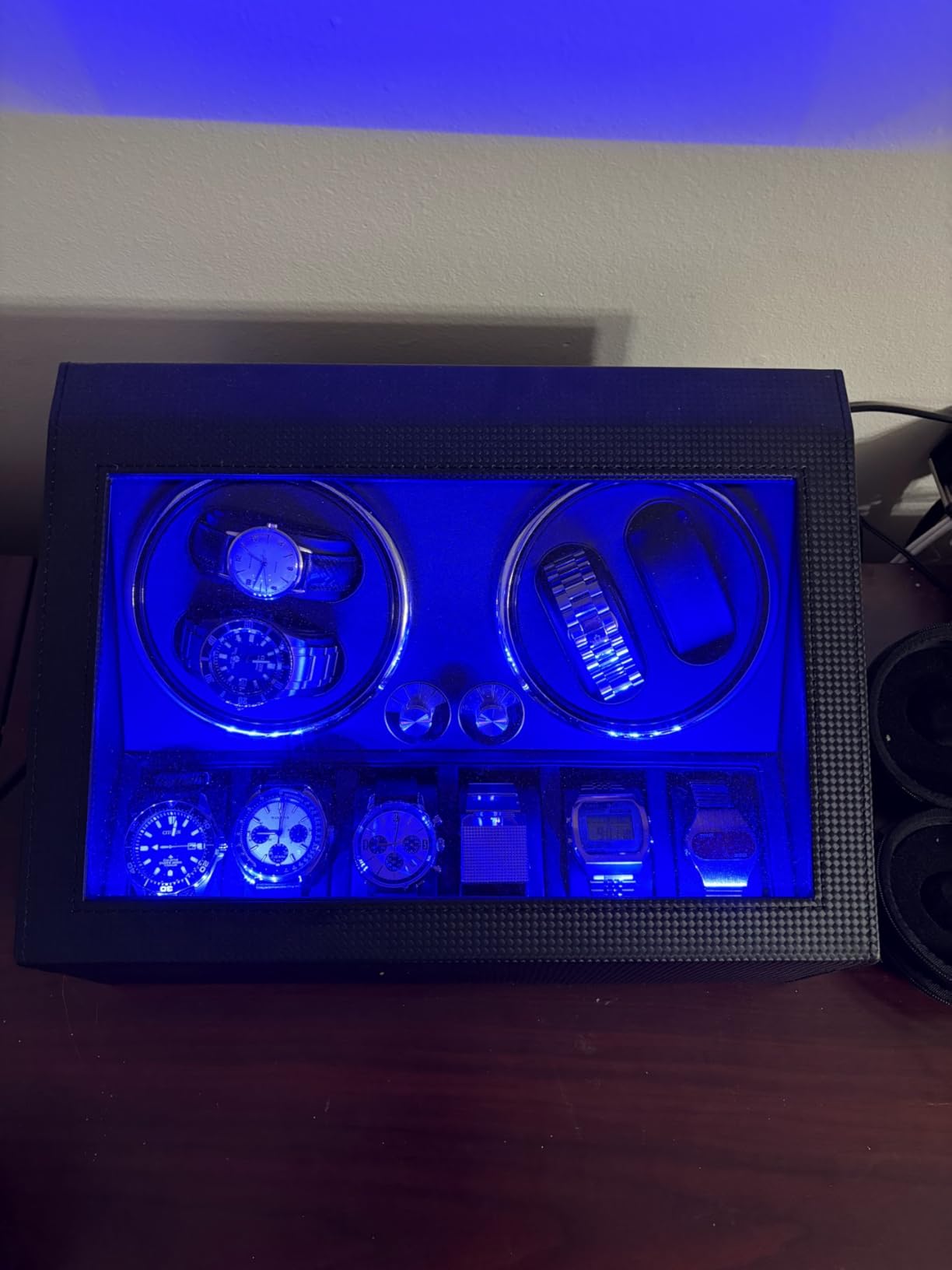 ANWBROAD Watch Winder for Automatic Watches, Watch Winder 4 Watches | 4 Watch Rotator and 6 Extra Storages with Quiet Motor and LED Backlight Turner Carbon Fiber Shaker 4 Rotating Modes UJWW002F customer photo 1
