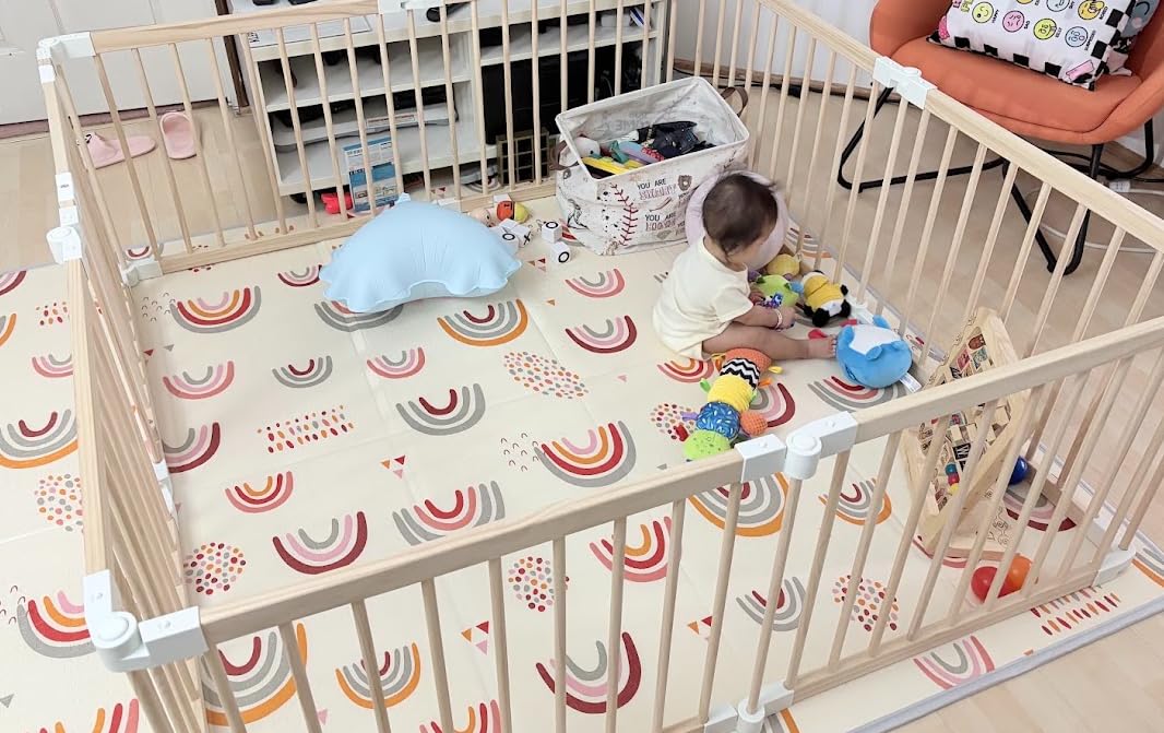 GGF Wooden Baby Playpen Foldable with Gate 58x58 Natural Wood, Light Pine | Foldable wooden playpen, dual-lock gate, natural pine, non-toxic no paint no odor, indoor/outdoor, CPSC compliant, tool-free customer photo 1