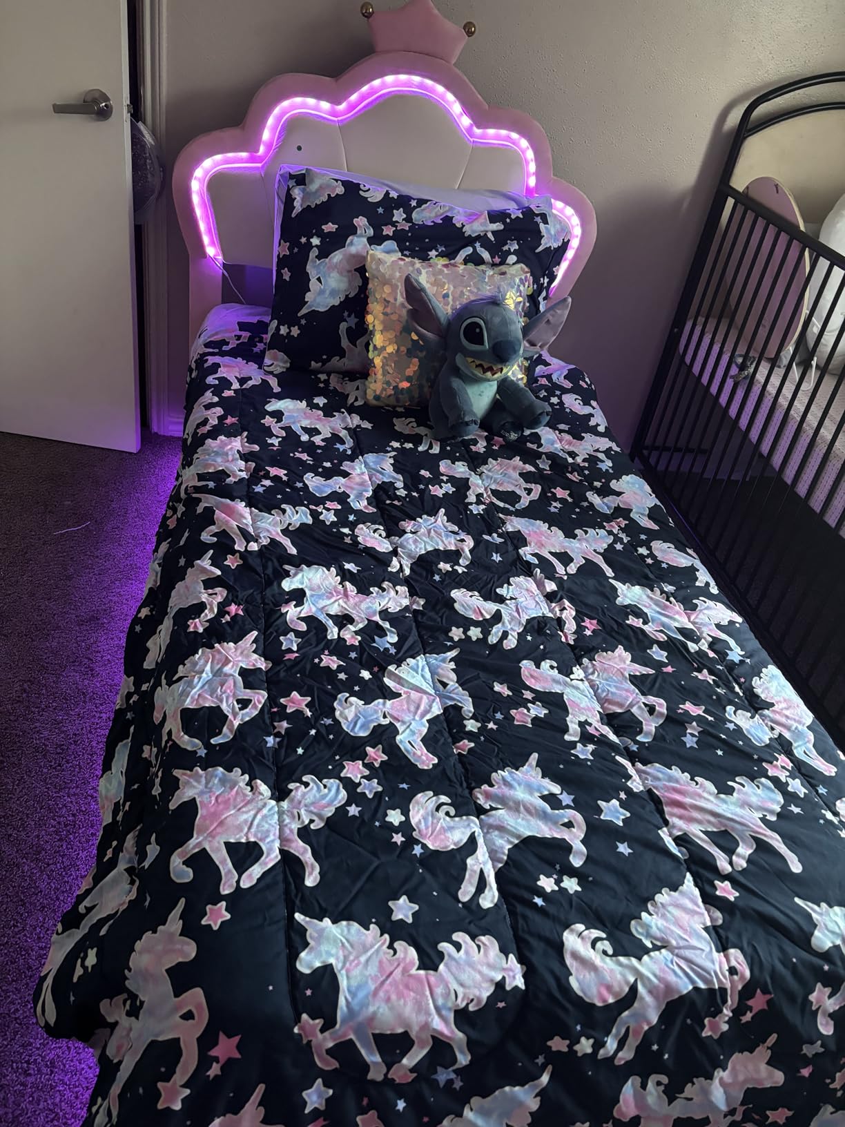 ADORNEVE Princess Bed Twin Size with Adjustable Chic Double Shell Headboard, LED Lights, Velvet Upholstered Platform Bed with Princess Crown customer photo 1
