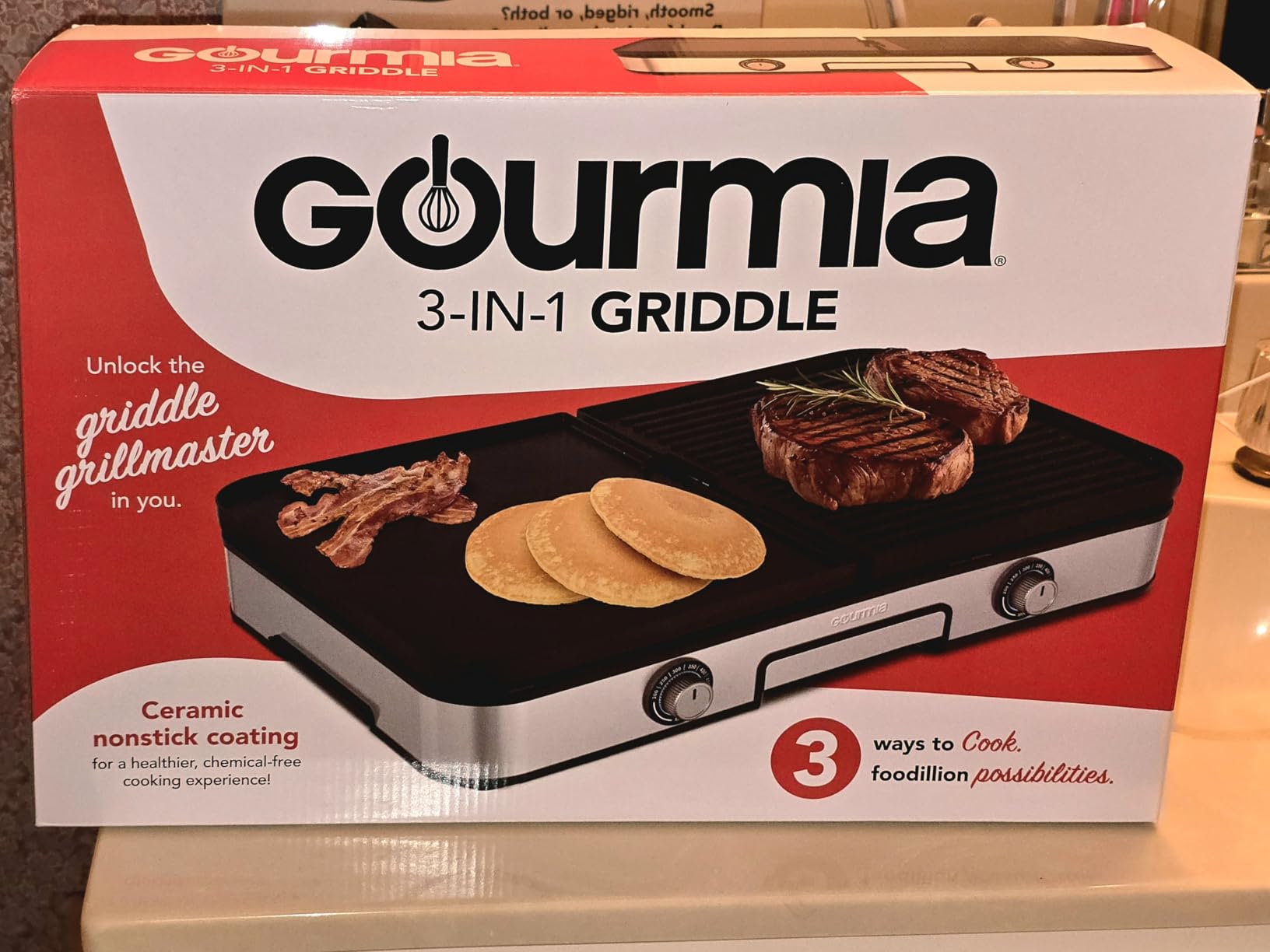 Gourmia 3-in-1 Indoor Grill & Griddle Electric Combo - Dual Independent Cooking Zones, Reversible Nonstick Ceramic Plates, XL Cooking Surface, 250-400F Adjustable Temp, Dishwasher Safe customer photo 1