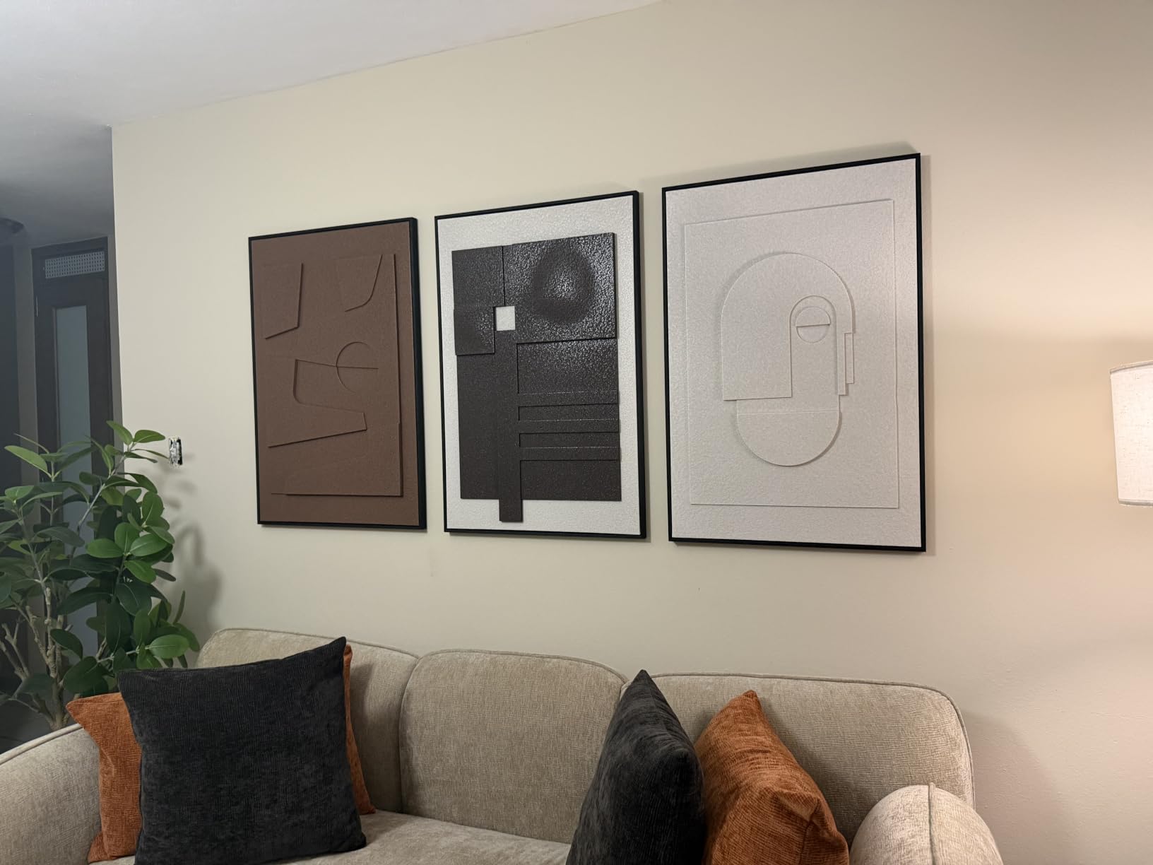 Framed Abstract 3D Textured Wall Art for Living Room, 3 Piece Modern Neutral Artwork for Walls, Brown White Geometric Sandstone Textured Painting for Bedroom, Home Office Decor-Total Size 30x60 Inch customer photo 2
