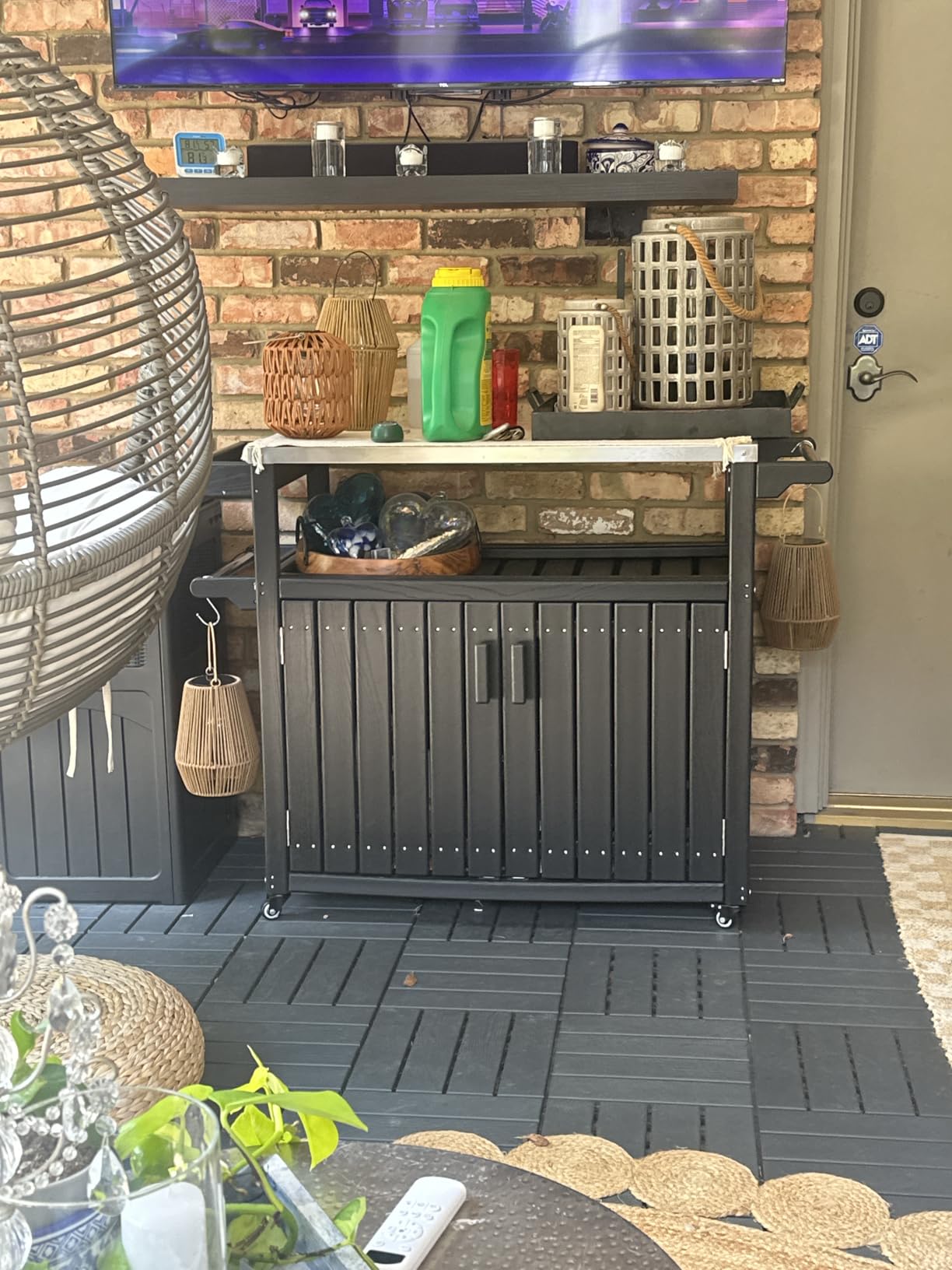 Outsunny Outdoor Bar Cart with Storage Cabinet Kitchen Island Brown | Stainless Steel Top, on Wheels, HDPE Outdoor Bar Table, Movable Patio Beverage Food Prep Table, for BBQ Picnic customer photo 2