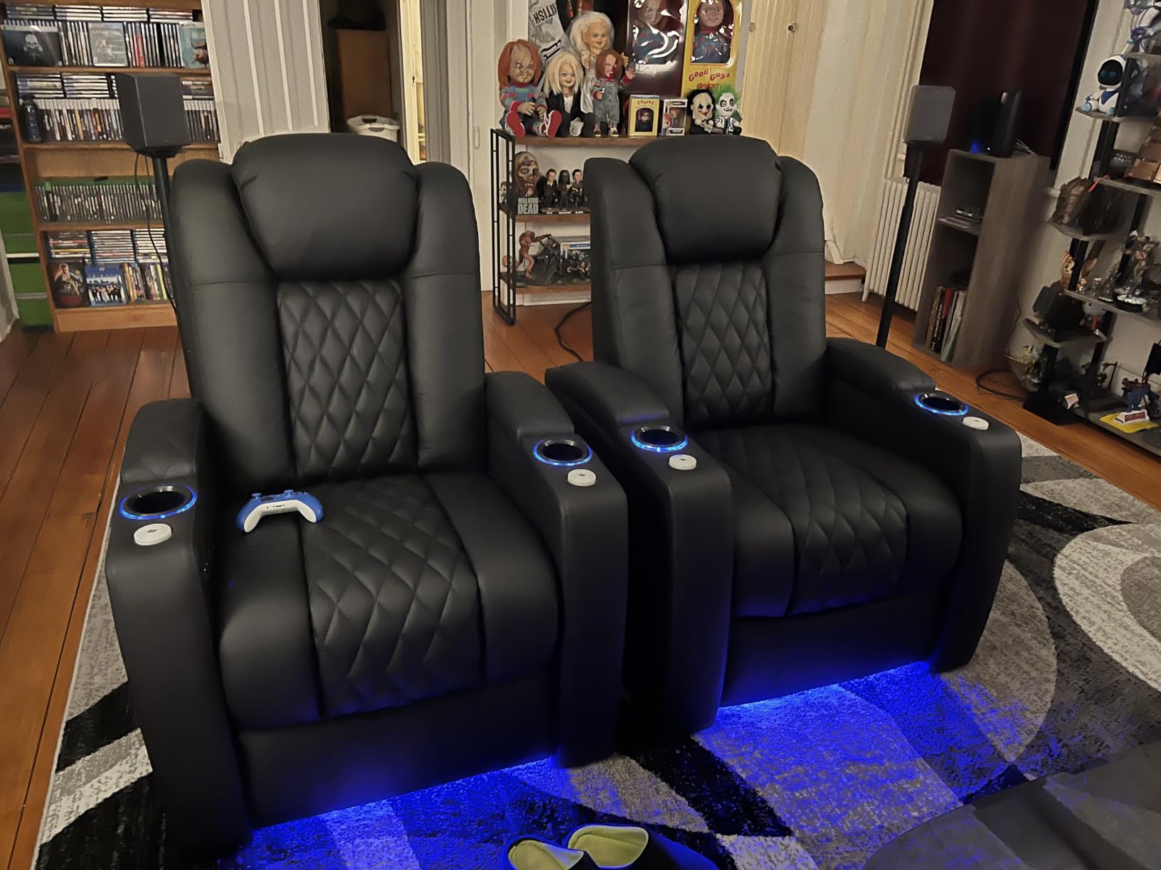 comfiroom Home Theater Seating Seats Classic Series Top Grain Nappa Leather Loveseat Recliner Chair Dual Power Electric Headrest Movie Gaming Sofa with Tray Table (Brown, Row of 2 Loveseat) customer photo 2