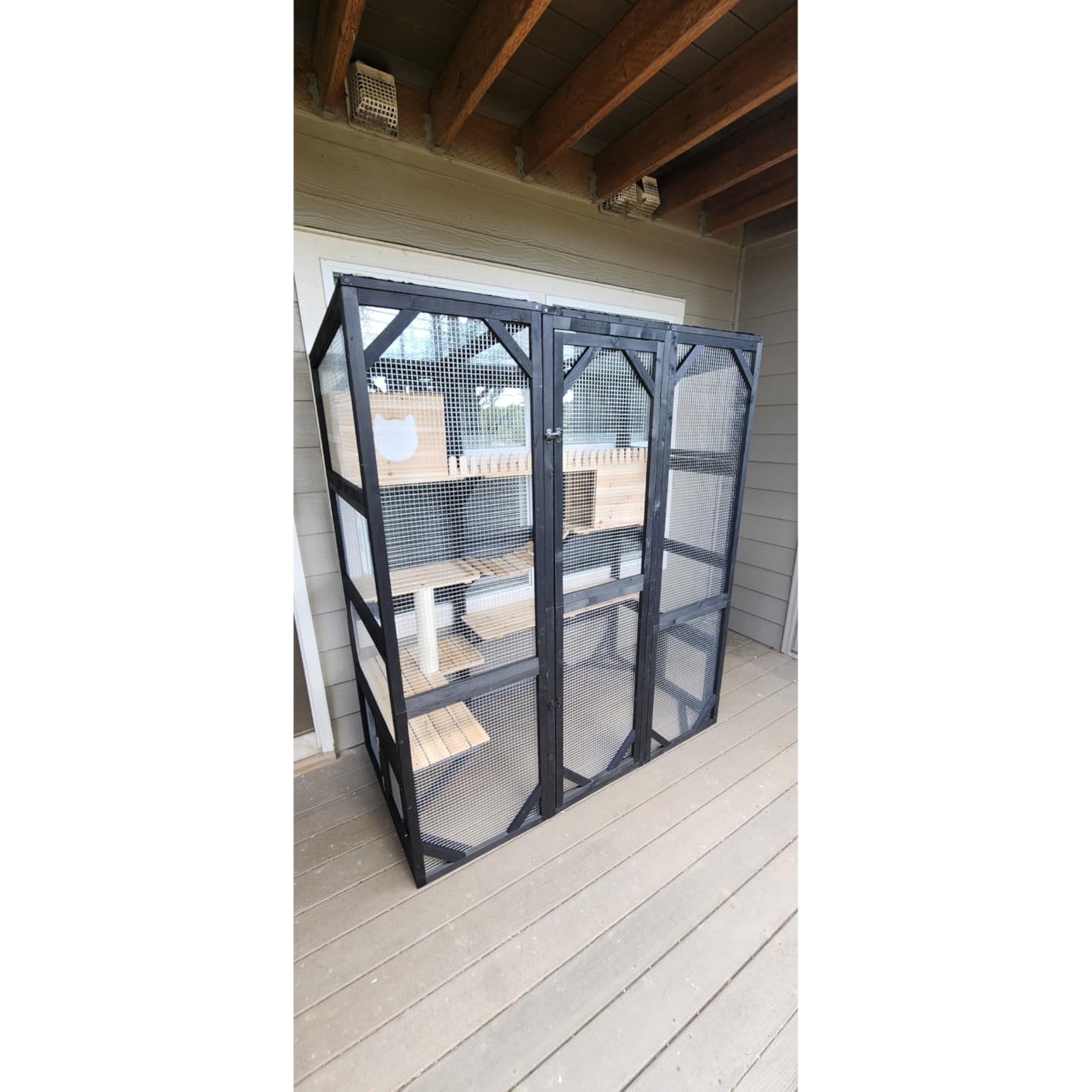 Catio Enclosure Outdoor Wooden Cat House for Multiple Cats Walk in Cage Window Access with Sunlight Friendly Weather-Proof PVC Roof customer photo 2