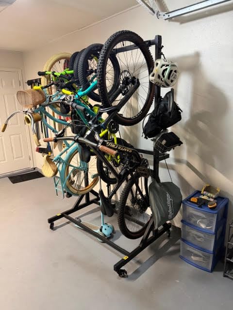 monTEK Freestanding Bike Storage Rack with Wheels for 5 Bikes - Heavy Duty 350LBS Vertical Bike Stand, 5 Bike Hooks & 6 Helmet Hooks, Indoor and Outdoor Bike Storage Rack, Locking Casters customer photo 1