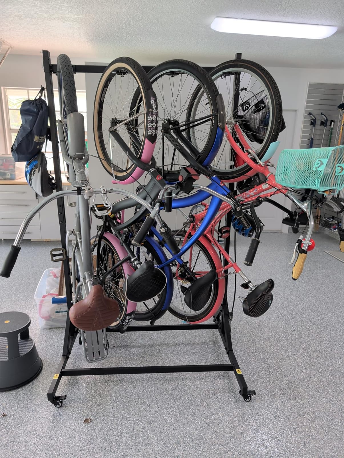 monTEK Freestanding Bike Storage Rack with Wheels for 5 Bikes - Heavy Duty 350LBS Vertical Bike Stand, 5 Bike Hooks & 6 Helmet Hooks, Indoor and Outdoor Bike Storage Rack, Locking Casters customer photo 2