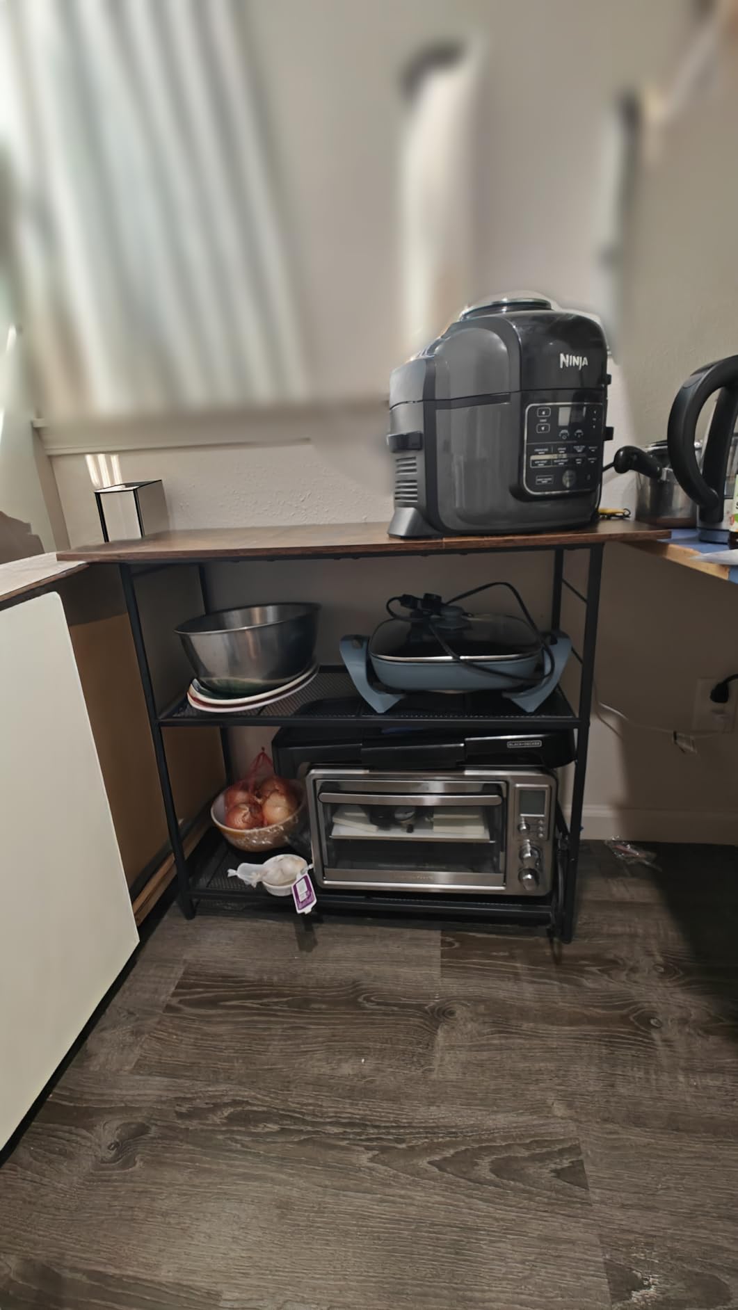 Kitchen Island with 3 Shelves, Rolling Kitchen Cart with 6 Hooks and Protective Shelf, Microwave Stand on Lockable Wheels, Bakers Rack Coffee Bar for Dining, Living Room, Outdoor, Metal Frame customer photo 2