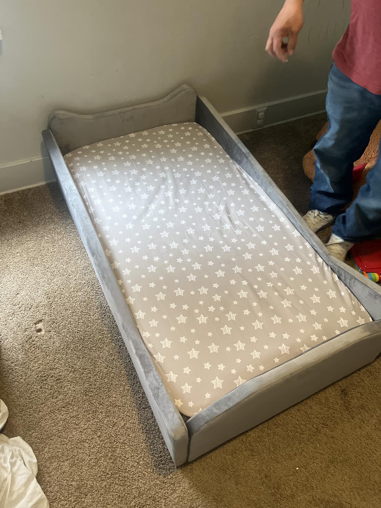 JOYMOR Toddler Bed, Floor Bed with Safety Guardrail, Montessori Toddler Bed with Animal Ear Shapes, Soft Velvet Wood Bed for Infant, Kids, Mattress not Included (Gray) customer photo 1