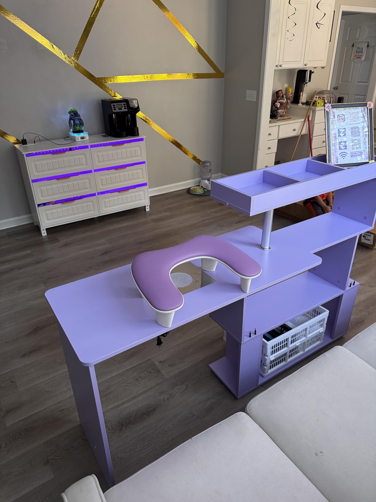 Manicure Table, L-Shaped Nail Tech Desk with Dust Collector, Reversible Rotating Table & Storage Shelf, Acetone Resistant Beauty Salon Station, White customer photo 1