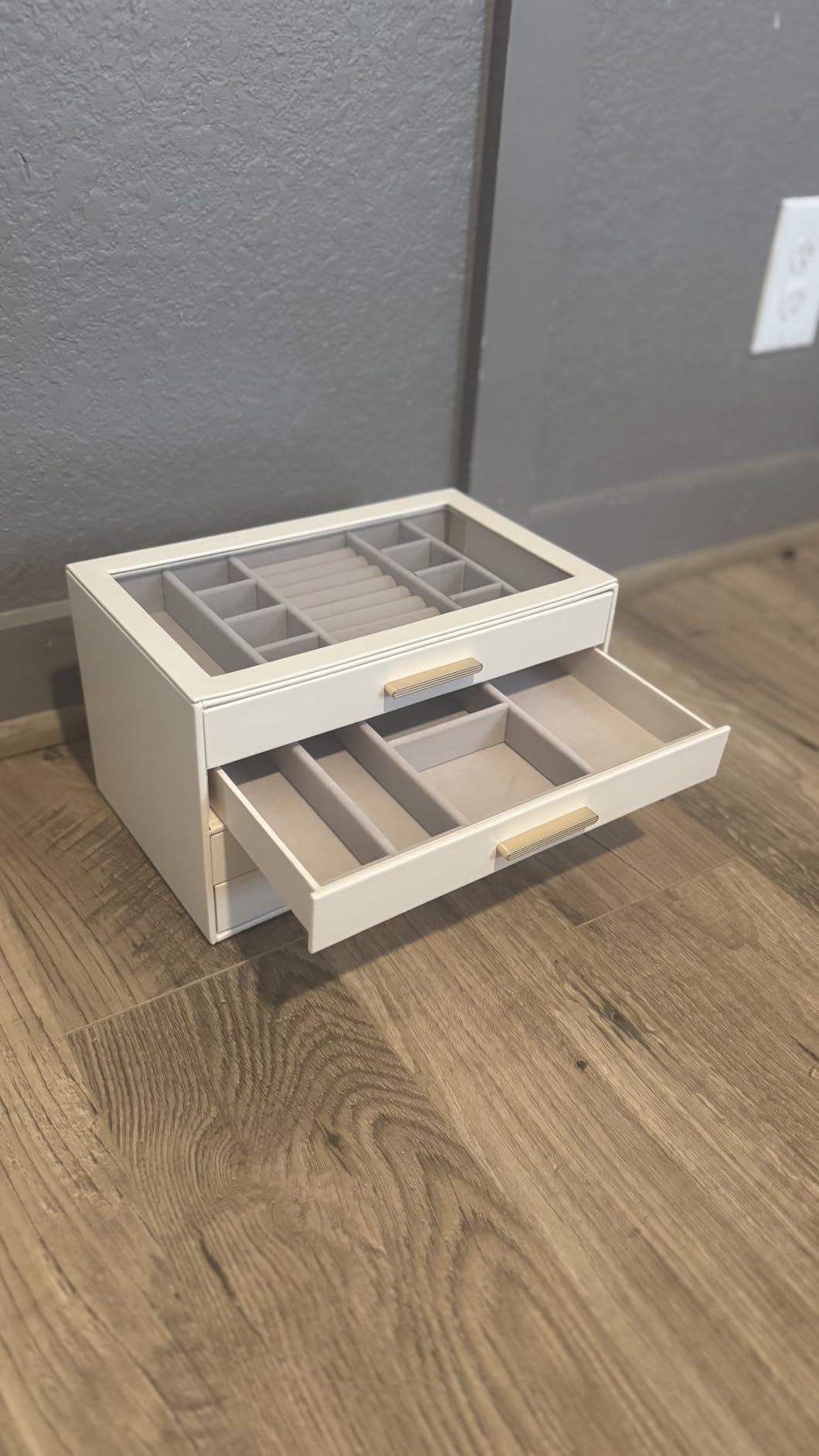 Lolalet Jewelry Box Organizer, 3-Layer Jewelry Storage Case - Beige | Jewellery Organizers and Storage with Glass Window, Ring Earring Bracelet Necklace Holder, Birthday Gifts for Women Girls Mom customer photo 2