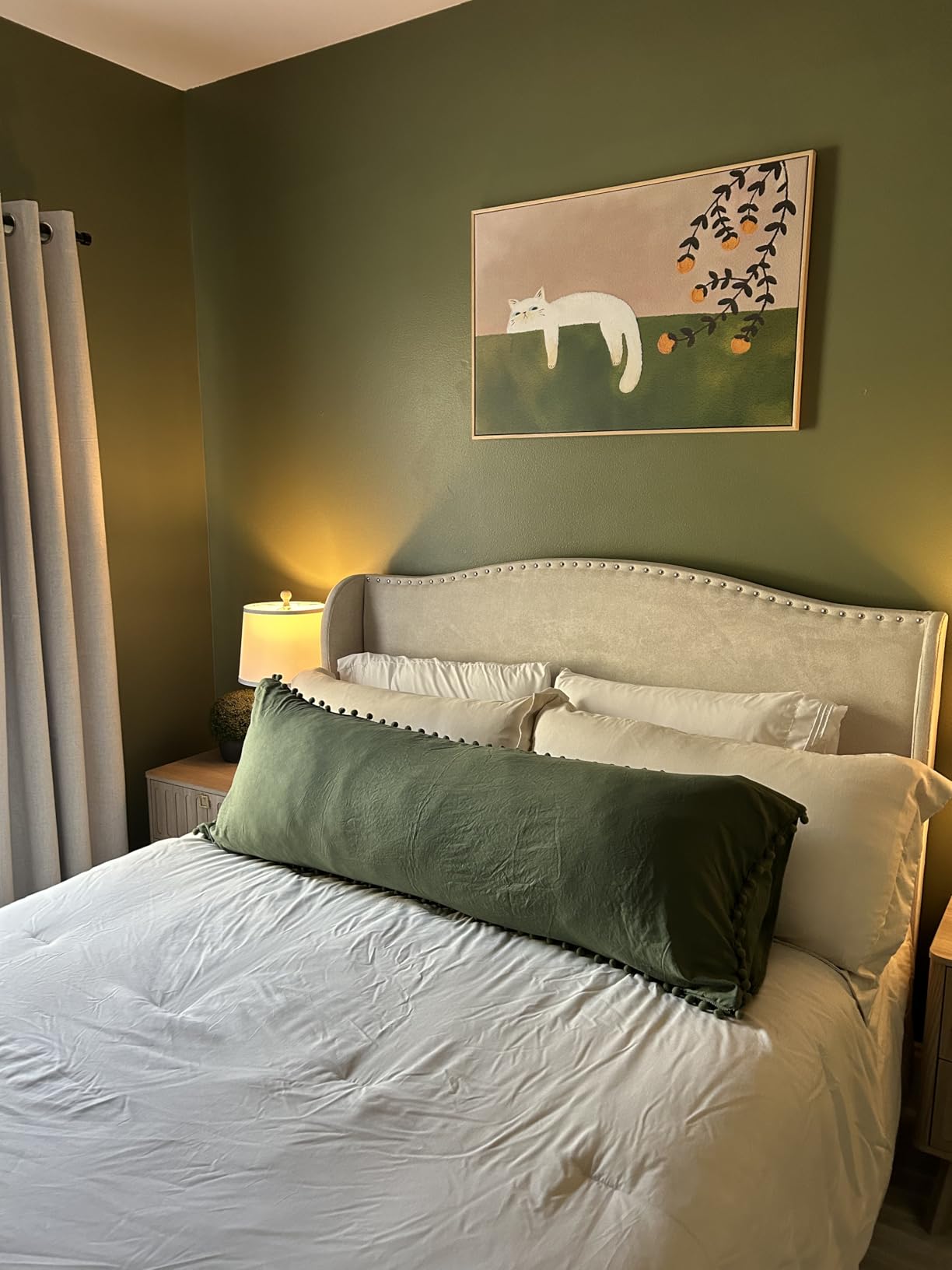 Large Framed Cozy Cat Neutral Green Canvas Wall Art Bedroom, 24x36 Inch | Cozy white cat, Neutral green, Canvas print, Framed artwork, Modern picture, Japandi painting, Bedroom hallway wall art decor customer photo 1