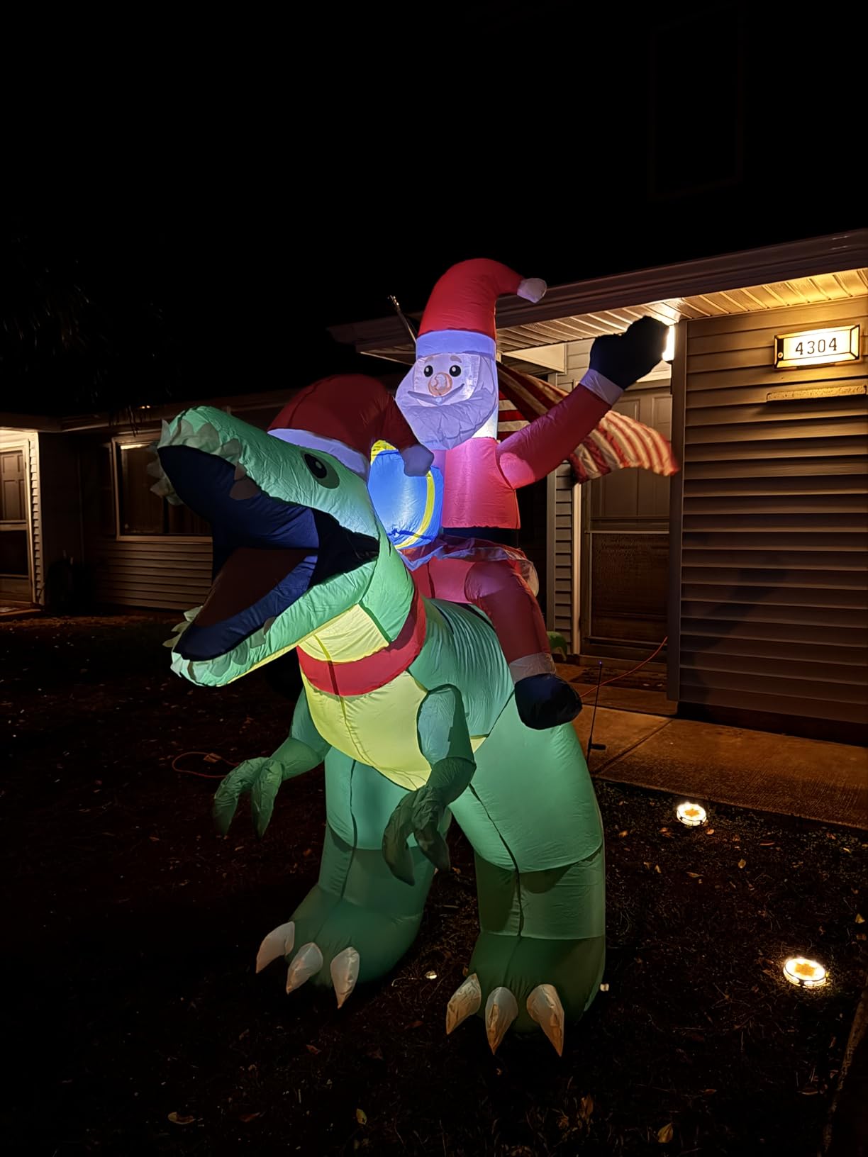 9x7FT Christmas Inflatables Santa Ride on Dinosaur with LED Outdoor Christmas Dinosaur Inflatable Blow Up Yard Decorations with Sandbags Stakes Strings for Garden Decor customer photo 2