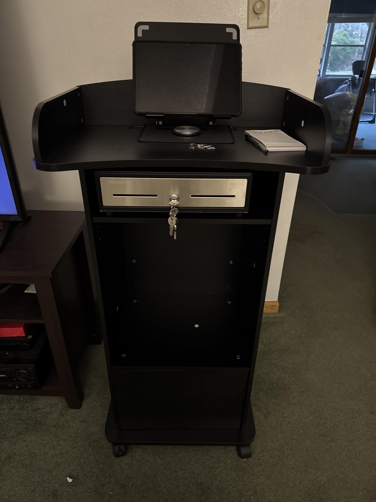 Podium Stand with Metal Wheels Wooden Lectern Podium Stand Portable Pulpit Standing with Storage Mobile Reception Podiums Desk for Church Office School Conference Restaurant Meeting, Black customer photo 1